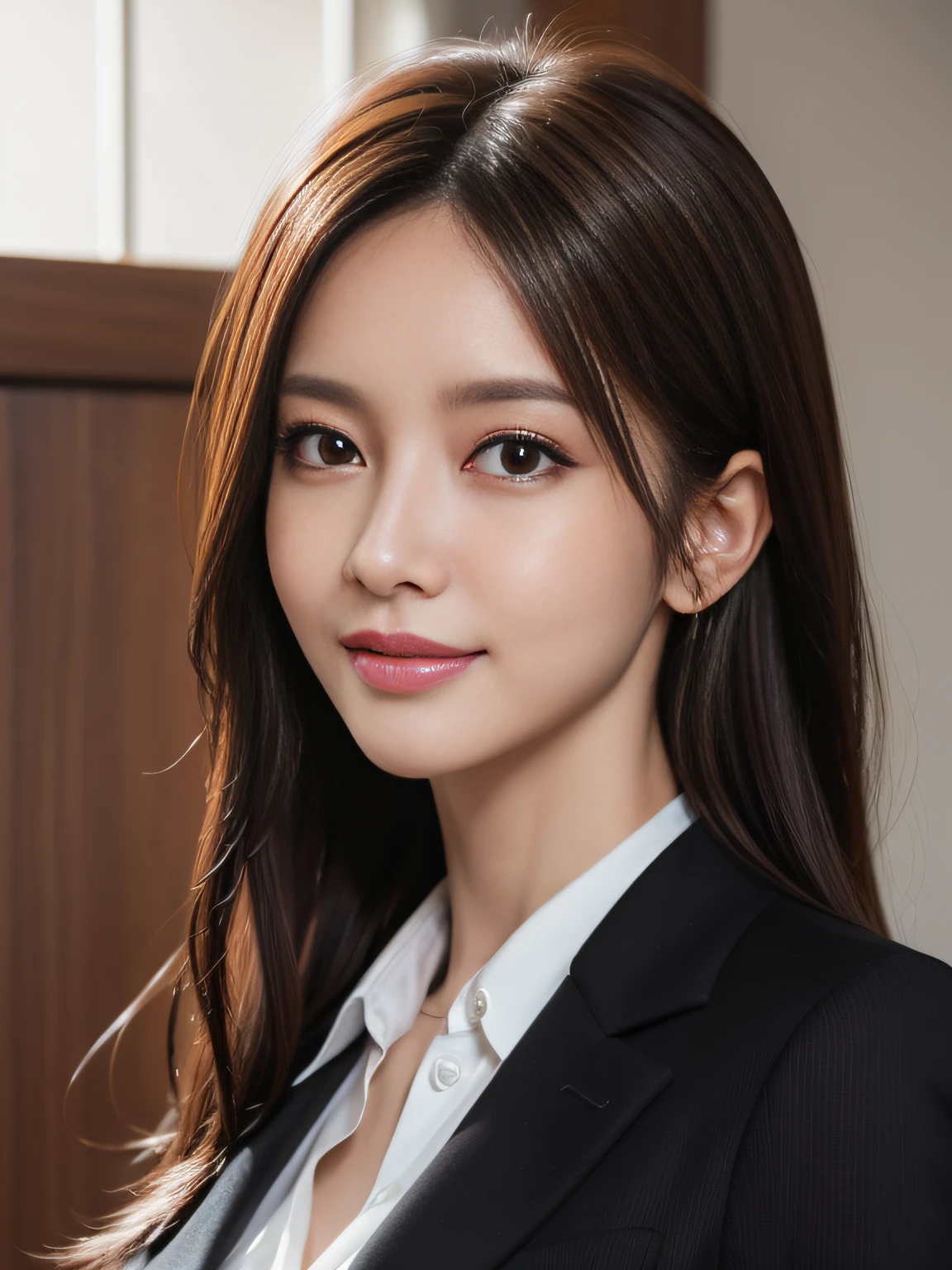 masutepiece, Best Quality, Photorealistic, Ultra-detailed, finely detail, High resolution, 8K Wallpaper, 1 beautiful woman,, light brown messy hair, in a business suit, foco nítido, Perfect dynamic composition, Beautiful detailed eyes, detailed hairs, Detailed realistic skin texture, Smiling, Close-up portrait, Model body type