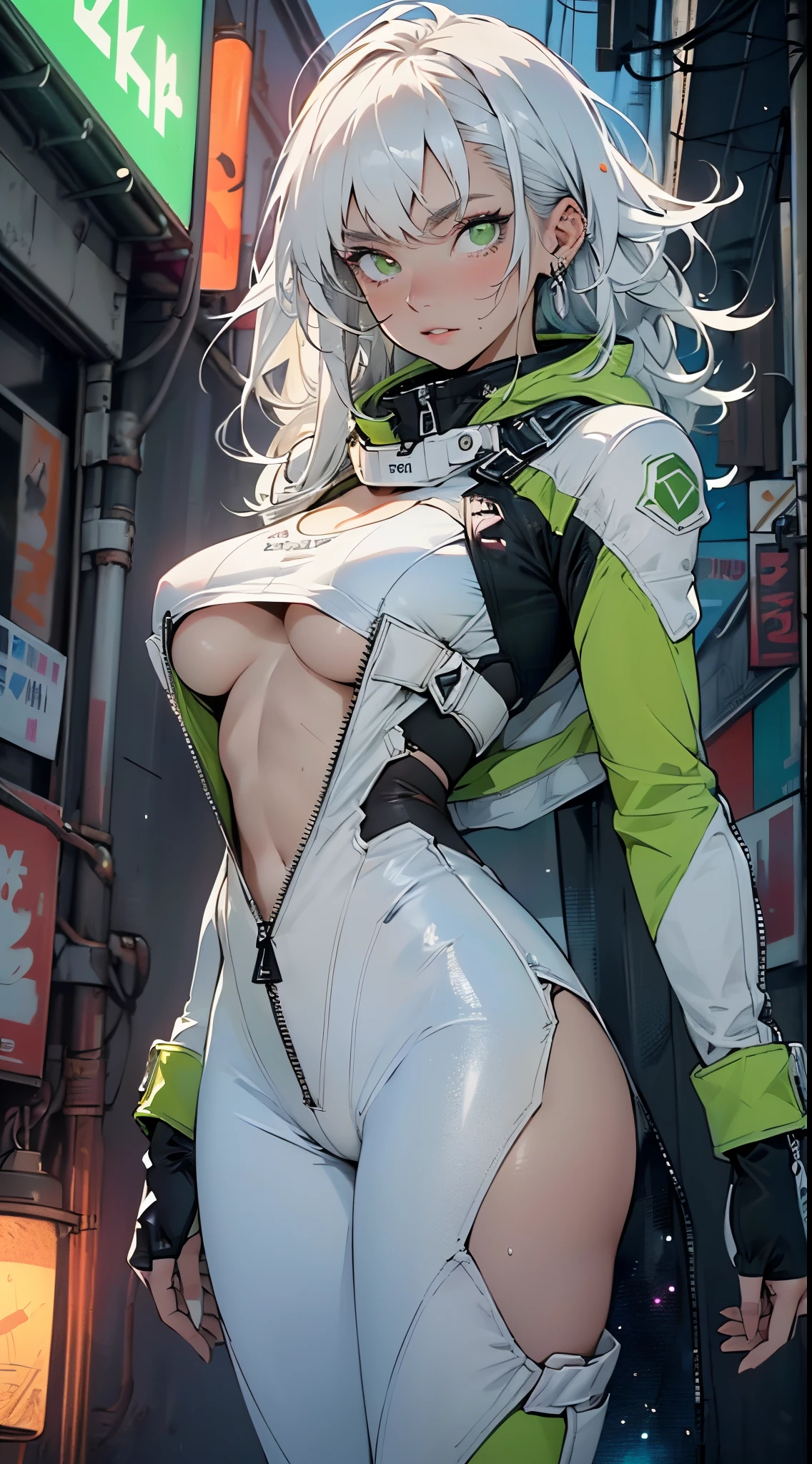 girl spacepunk,(((1girl))),((beautiful girl with spacesuit)),woman,1female,((milf,mom,mature,mature woman,45 years old female,adult)),
(large breasts:1.4),saggy breasts,(((dark hair:1.4,straight hair,long hair:1.4,white tuft:1.3,colored inner hair))),(((green_eyes:1.3))),intricate eyes,beautiful detailed eyes,symmetrical eyes,((fat)),(((lustrous skin:1.5,bright skin: 1.5,skin tanned,shiny skin,very shiny skin,shiny body,plastic glitter skin,exaggerated shiny skin,illuminated skin,wet legs))),(spider lower abdomen,narrow waist,wide hip,imbo body,inflated legs,detailed body,(detailed face)),
cute,slutty,seductive,erotic,(((nsfw))),
revealing clothing,show skin,((underboob:1.5)),(cleavage),((space suit outfit, green space suit,short sleeve spacesuit)),(wearing a space suit outfit:1.3,space suit clothes),((zipper suit, zipper slightly unzipped))),((wet clothes,intricate outfit,intricate clothes)),
(dynamic pose:1.0),solo focus,embarrassed,(centered,scale to fit dimensions,Rule of thirds),
cyberpunk city by the ocean at night, with bright neon signs and dark stormy clouds and puddles, scenery:1.25,nighttime, starry night, cosmos,Very dark night that makes the neon lights stand out, very bright neon lights,nighttime, starry night, cosmos,
artistic photography,(photography taken by sldr),highres, sharp focus,(ultra detailed, extremely detailed), (photorealistic artwork:1.37),(extremely detailed CG unity 8k wallpaper),((synthwave background theme)),(((vibrant colors))),intricate,(intricate background),(masterpiece),(best quality),perfect rendered face,perfect face details,realistic face,photo realistic,analog style,((intricate detail)),(((realism))),