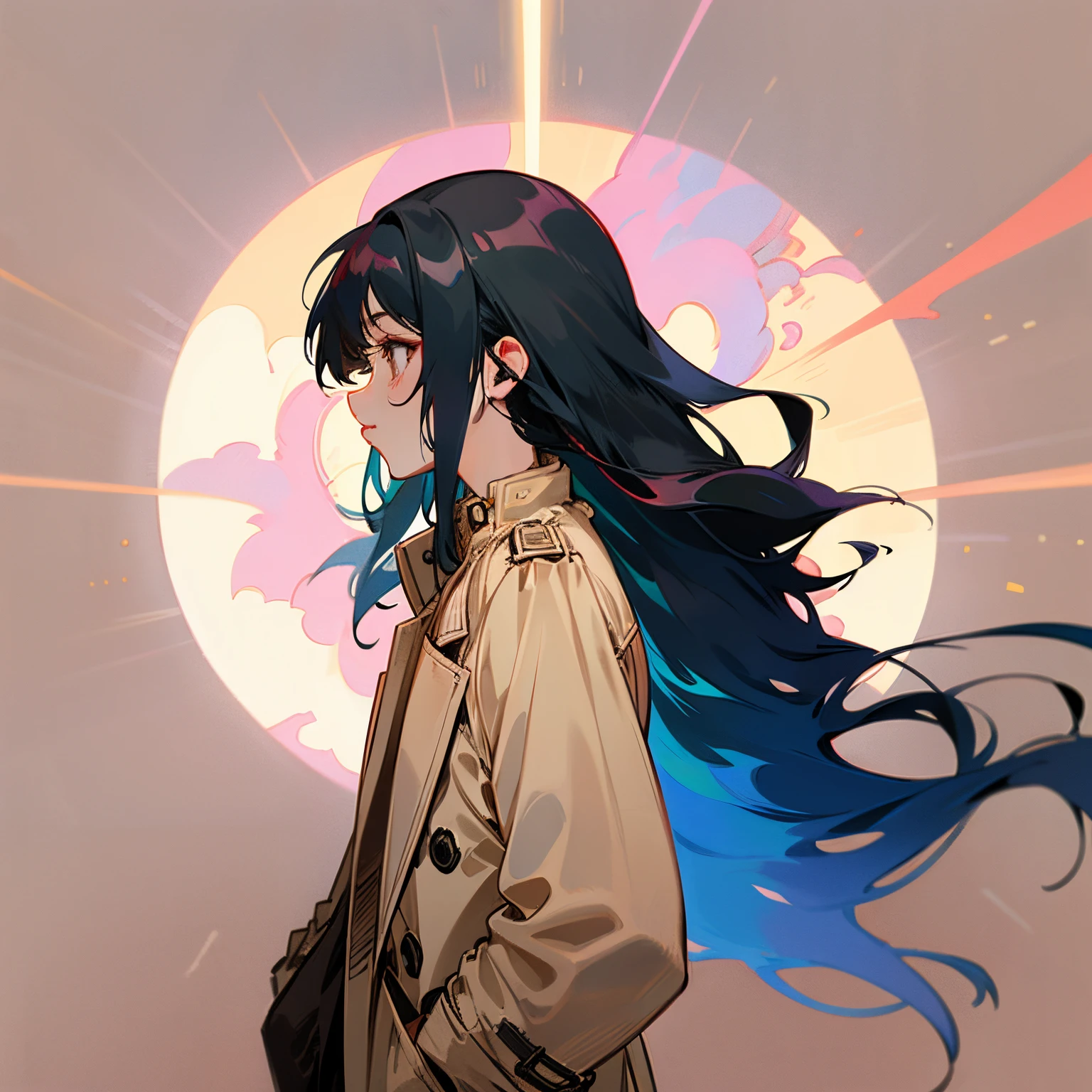 long hair girl,With his eyes closed,Hair flowing to the right,Beige trench coat,black hair color hair,No bangs,orthofacial,wearing headphone