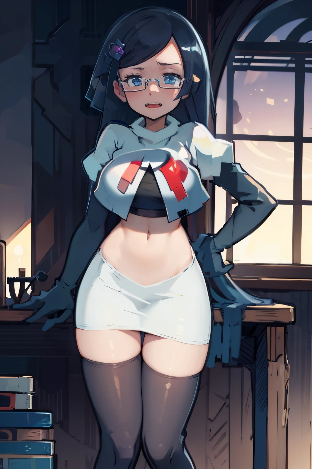 fennel_pk, glasses, team rocket,team rocket uniform, red letter R, white skirt,white crop top,black thigh-highs,black elbow gloves, sinister villianess look,