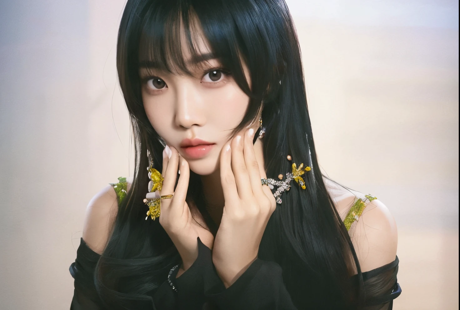 hay una mujer con el pelo largo y negro y un anillo en el dedo, Sun Yunjoo, Retrato de Jossi de Blackpink, Ella tiene el pelo ????? con flequillo, Heonhwa Choe, Jinyoung Shin, Parque Ji-min, Gongbi, Jaeyeon Nam, with index finger, Lee Ji-eun, Lee Ji - Eun, Lalisa Manobal, aespa, giselle