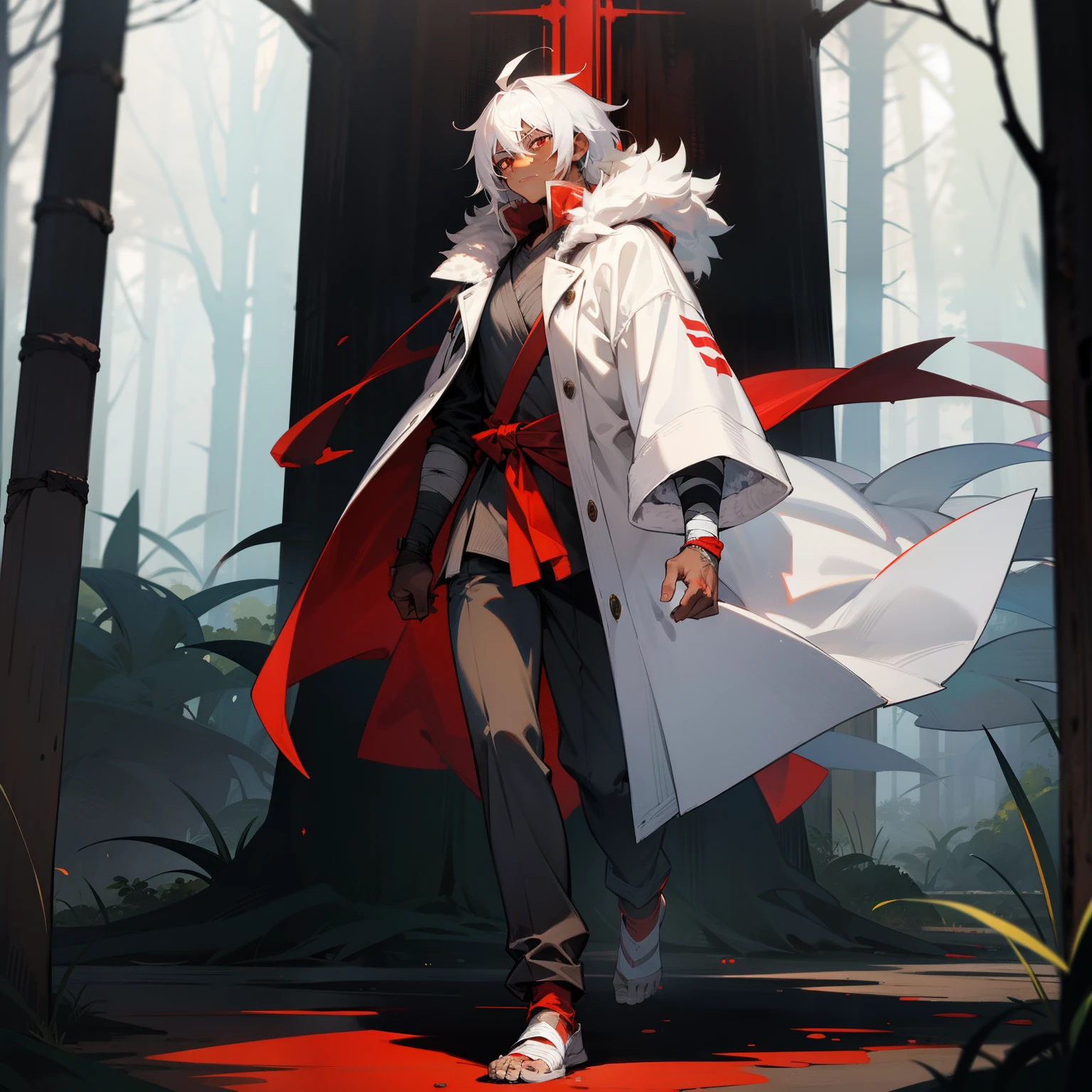 masterpiece, 1male, adult, eyes closed, casual clothes, oversized fur hood, straight white hair, serious expression, red eyes, dark skin, bandages wrapped around arms and hands, scars, walking down path, forest
