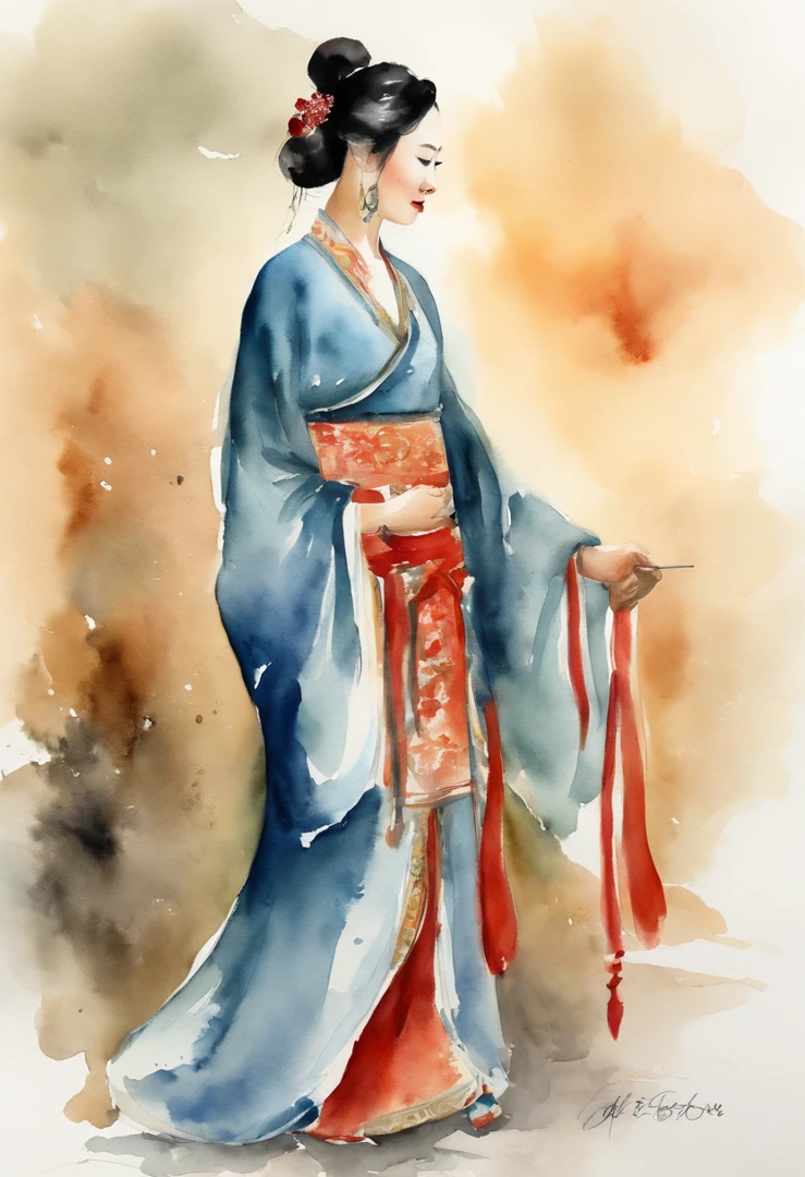 Chinese ink style,watercolor paiting,woman,Full body like,Ancient Chinese woman,long skirt,Back Shadow,Full body back