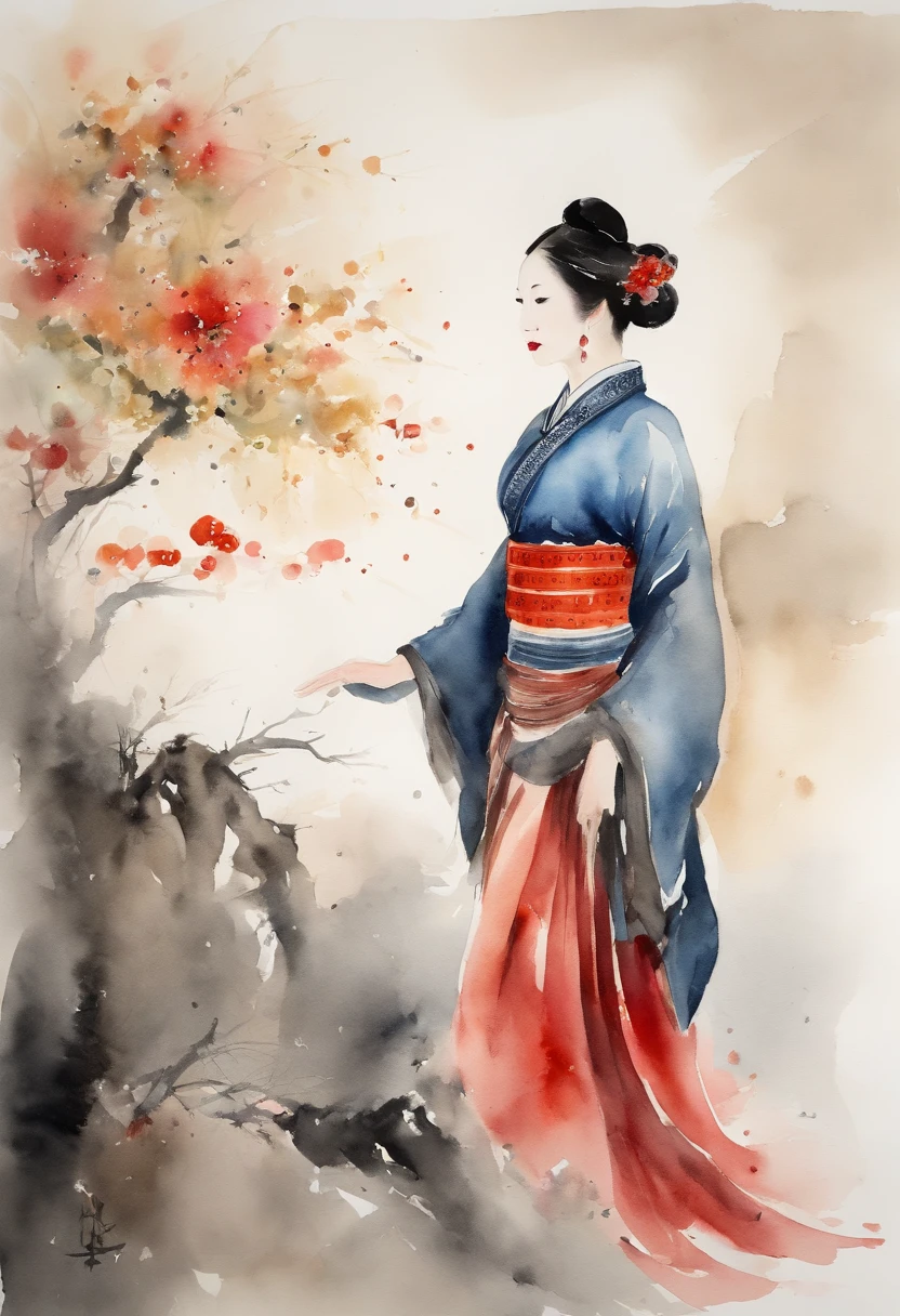 Chinese ink style,watercolor paiting,woman,Full body like,Ancient Chinese woman,long skirt,Back Shadow,Full body back