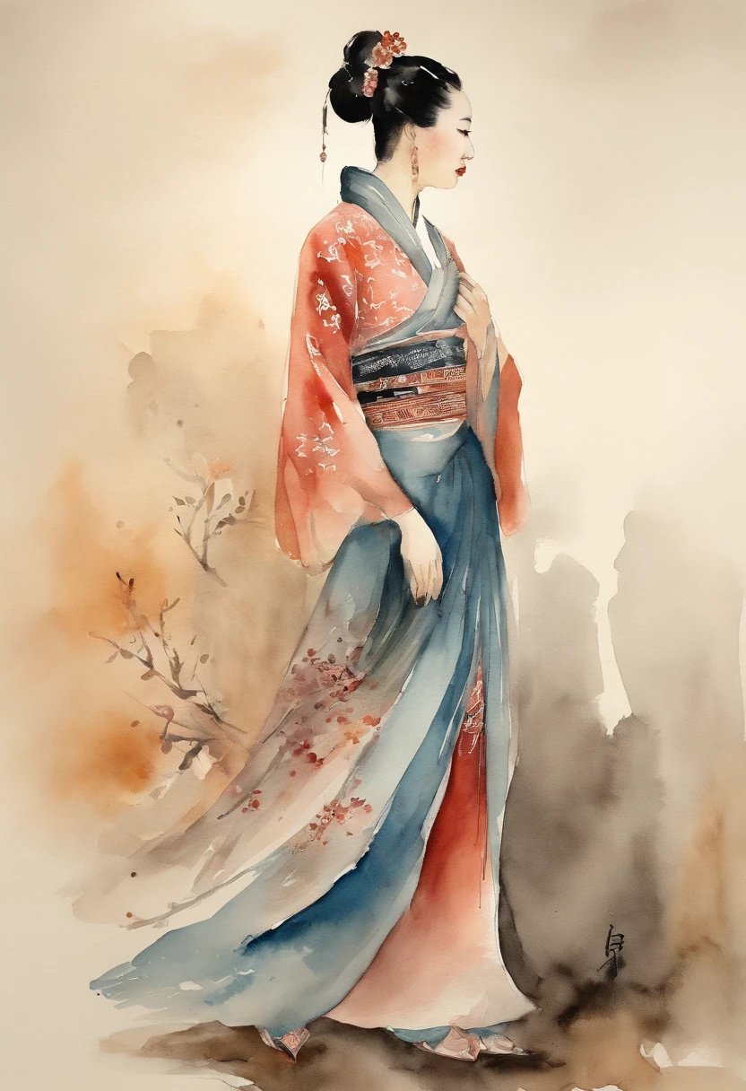 Chinese ink style，watercolor paiting，woman，Full body like，Ancient Chinese woman，long  skirt，Back Shadow，Full body back