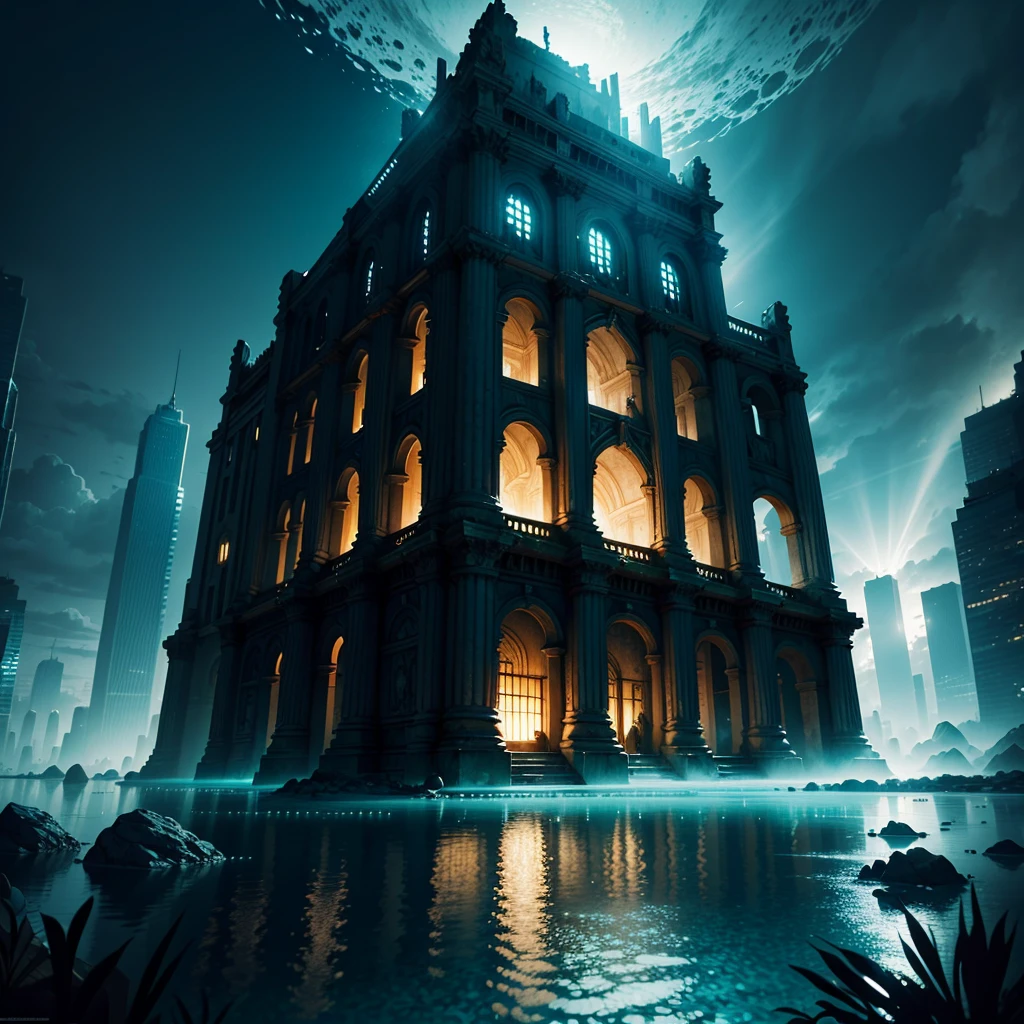 Lost city half-underwater at night, vividness, octave render, Cinematic lighting, otherworldly, highly detailed, best quality, 8 k wallpaper