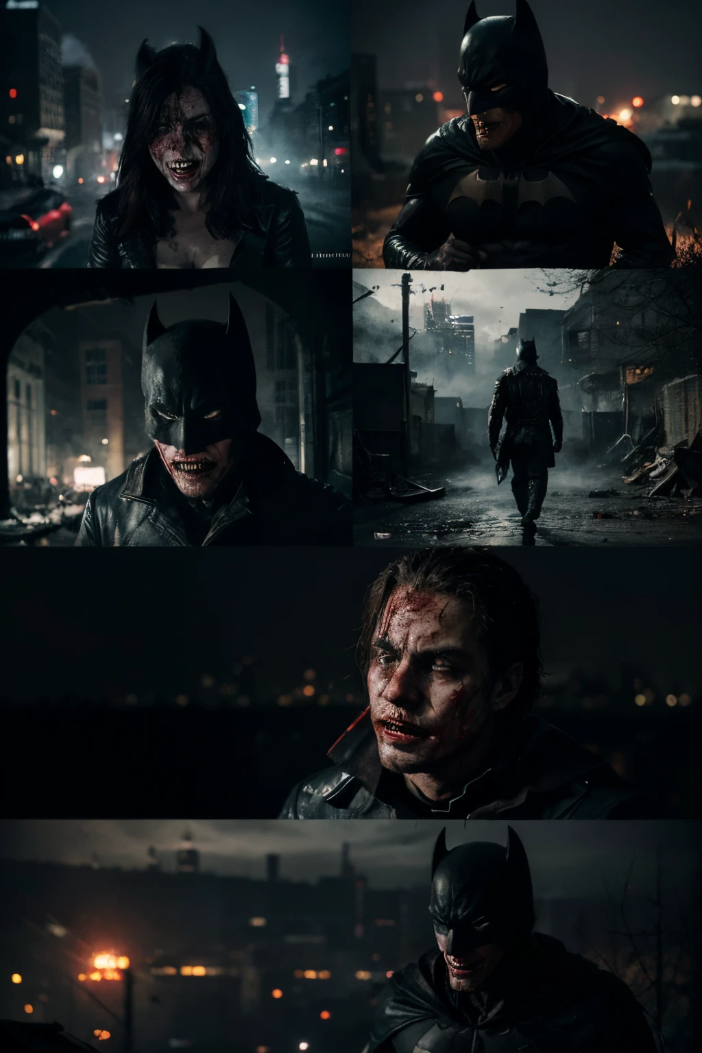 best quality,ultra-detailed,realistic,portrait,batman killed by the joker,comic book style,dark and intense,nighttime scene,blood-soaked,haunting atmosphere,smoke and shadows,expressive eyes,loud and chaotic laughter,cruel and twisted smile,dramatic composition,gothic architecture,city skyline,splatters of red paint,dynamic poses,crazed expressions,revenge and tragedy,fallen hero,deep emotional impact,stylized comic panels,dark color palette,stark contrasts,dynamic lighting,psychological thriller,vivid colors,gritty and realistic,dramatic storytelling