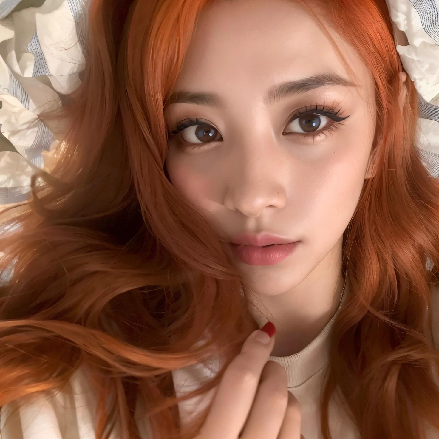 there is a woman with long red hair posing for a picture, tzuyu de duas vezes, yunjin Dom Yunjn, yunjin do lesserafim, Ela tem longos cabelos castanhos alaranjados, ela tem cabelos longos e redorange, dilraba dilmurat, menina coreana