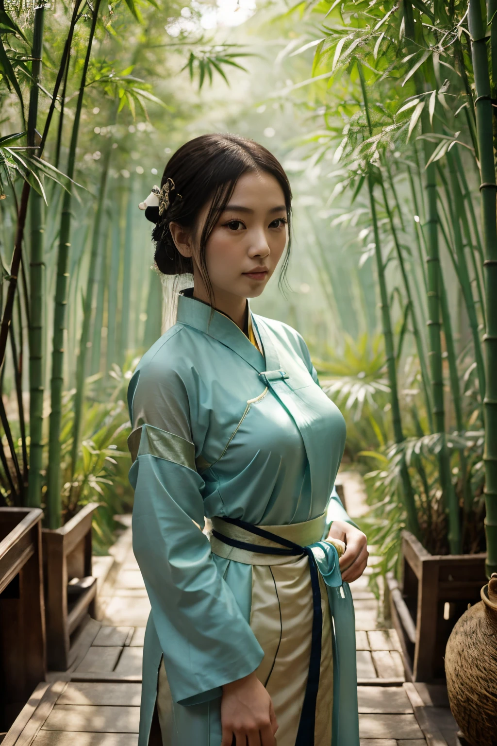 This is an ancient Chinese painting from the Tang Dynasty,Cute asian beauty,In a bamboo forest,Wearing light green Hanfu,Tang Dynasty Hanfu,upper body image,busty figure,Contemporary Chinese art,Light blue and beige,Bamboo forest as the background。 Dark Green,Simple,graphical,modernism,Cool face,the detail,Elegant lines