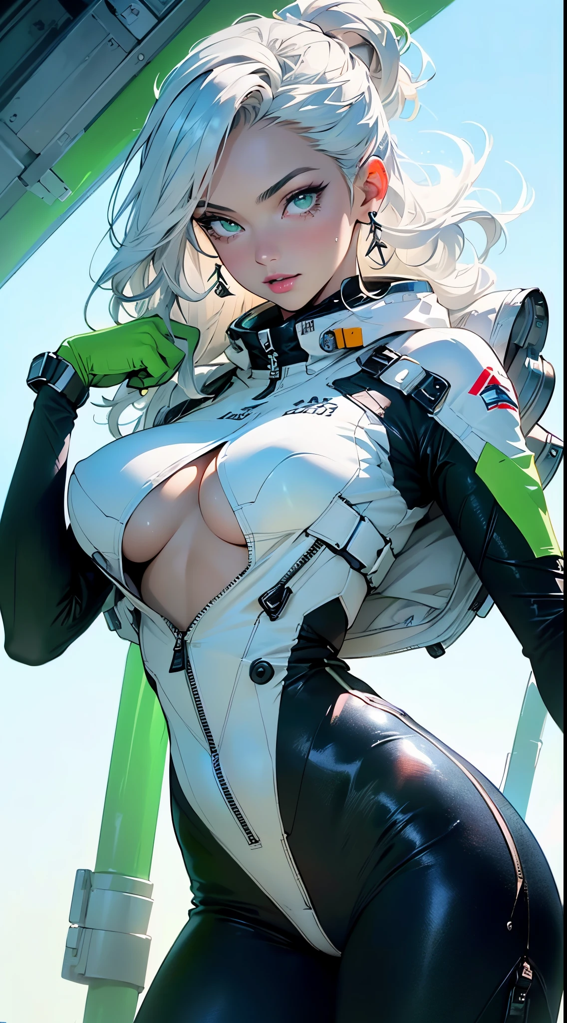 girl spacepunk,(((1girl))),((beautiful girl with spacesuit)),woman,1female,((milf,mom,mature,mature woman,45 years old female,adult)),

(large breasts:1.4),saggy breasts,(((dark hair:1.4,straight hair,long hair:1.4,white tuft:1.3,colored inner hair))),(((green_eyes:1.3))),intricate eyes,beautiful detailed eyes,symmetrical eyes,((fat)),(((lustrous skin:1.5,bright skin: 1.5,skin tanned,shiny skin,very shiny skin,shiny body,plastic glitter skin,exaggerated shiny skin,illuminated skin,wet legs))),(spider lower abdomen,narrow waist,wide hip,imbo body,inflated legs,detailed body,(detailed face)),

cute,slutty,seductive,erotic,(((nsfw))),

revealing clothing,show skin,((underboob:1.5)),(cleavage),((space suit outfit, green space suit,short sleeve spacesuit)),(wearing a space suit outfit:1.3,space suit clothes),((zipper suit, zipper slightly unzipped))),((wet clothes,intricate outfit,intricate clothes)),

(dynamic pose:1.0),solo focus,embarrassed,(centered,scale to fit dimensions,Rule of thirds),

cyberpunk city by the ocean at night, with bright neon signs and dark stormy clouds and puddles, scenery:1.25,nighttime, starry night, cosmos,Very dark night that makes the neon lights stand out, very bright neon lights,nighttime, starry night, cosmos,

artistic photography,(photography taken by sldr),highres, sharp focus,(ultra detailed, extremely detailed), (photorealistic artwork:1.37),(extremely detailed CG unity 8k wallpaper),((synthwave background theme)),(((vibrant colors))),intricate,(intricate background),(masterpiece),(best quality),perfect rendered face,perfect face details,realistic face,photo realistic,analog style,((intricate detail)),(((realism))),