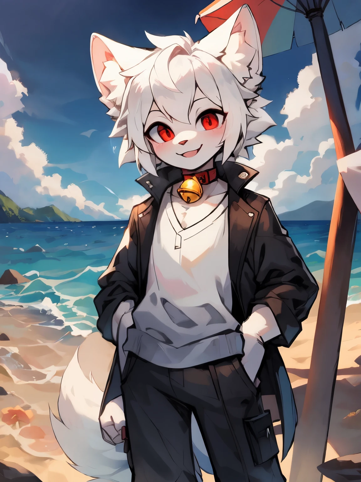 ( boy)beautiful and detailed portrait of a,white color hair, 16k,are standing,face to the viewer,Red pupils,white wolf big ears,White Wolf Tail(White color blouse,black long pants,Black lab coat),(There is a red collar,There is a yellow bell on it)Full body lesbian,beach seaside background,ssmile