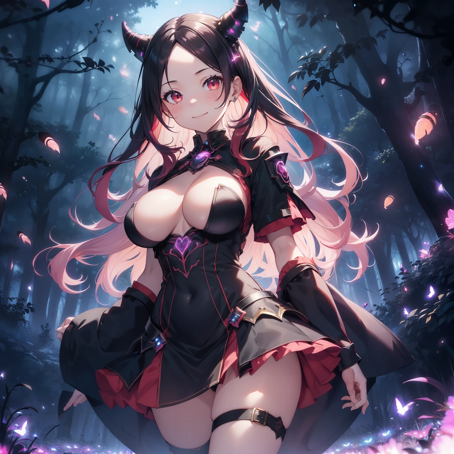 (masutepiece,Best Quality,8K),(extremely detailed CG1.1),s girl,Smile,large boob,(From below:1.2),Intricate details , Hyper realistic, Perfect Anatomy,A dark-haired,Red Eyes,(((Forehead))),Permed hair with wavy hair,(((length hair))),Hair over one eye,hair slicked back,Full body,(((necromancer costume ))),blush,Happy smile,(((A magical forest with glowing fireflies))),Lens Flare,Wind,Magnificent view,(chromatic abberation:1.3),Dynamic Angle,Cowboy Shot,Looking at Viewer,is standing,float
