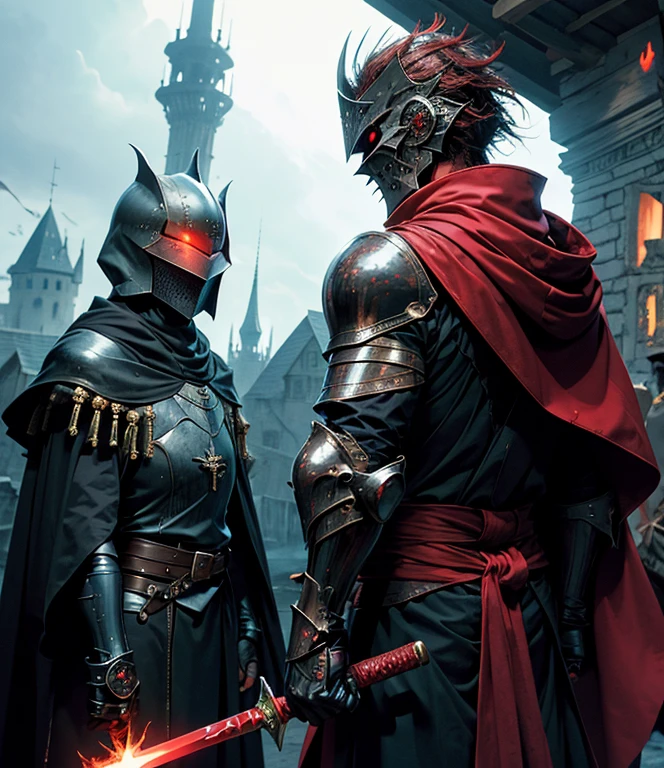 Black knight armor, red hooded cape, standing, glowing eyes, sword, destroyed castle, fire in background, looking over the shoulder