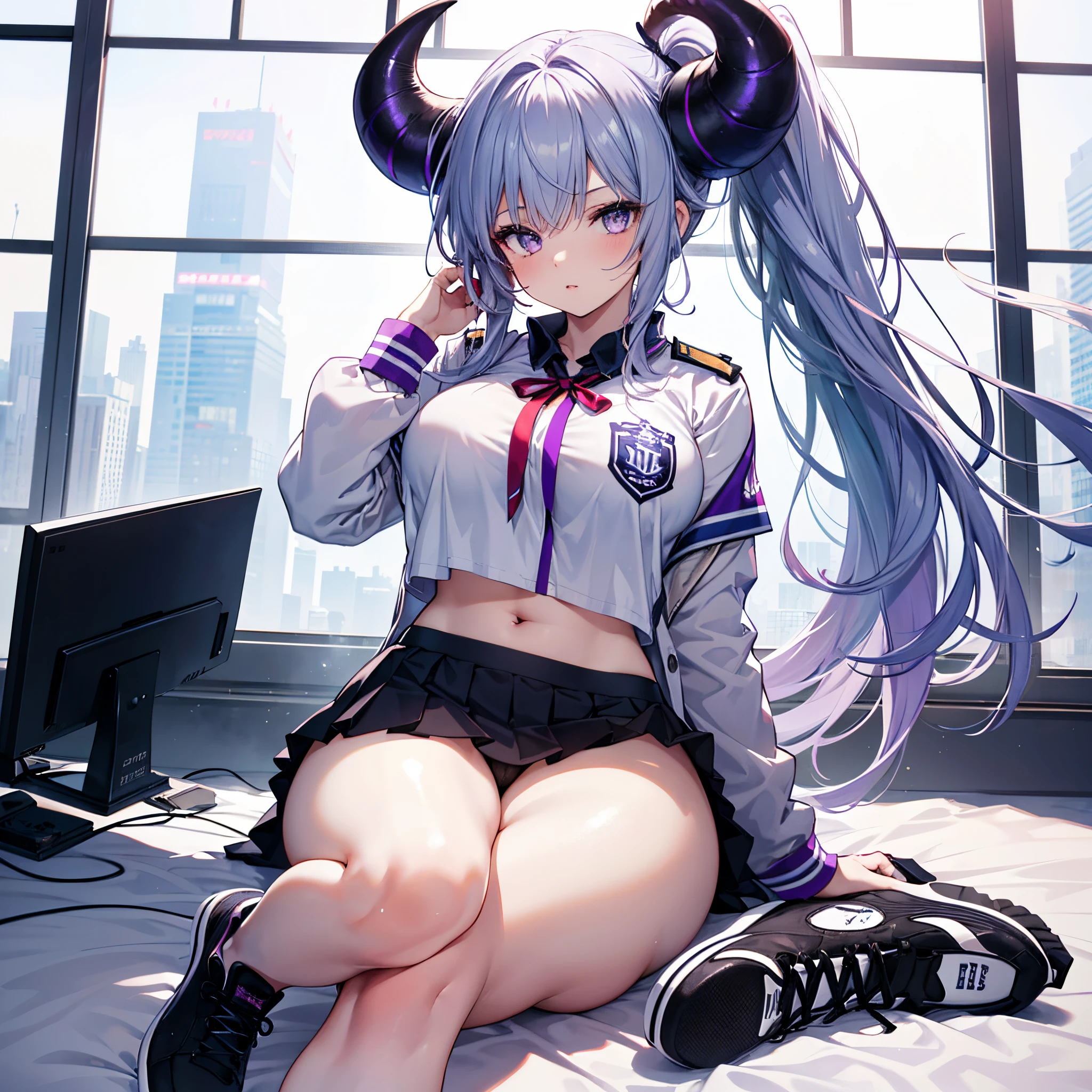 Realistic image, detailed image, 1 girl. She has purple eyes and long light blue hair that ends in shades of darker blue, almost leaning to purple, held in a long ponytail, on the middle part of her face sits a long and wide lock of hair that ends at the height of her nose. She has brownish-toned horns with red engravings that twist back along with her hair, similar to the horns of a goat. She wears a pleated miniskirt. Thin thong. Sport shoes. Large breasts, narrow waist, wide hips and thick thighs. Pouts. Arched back. Bottom view. Thong view. Vaginal lips view. Neutral background. Uniform background. Volumetric light. Ambient light.