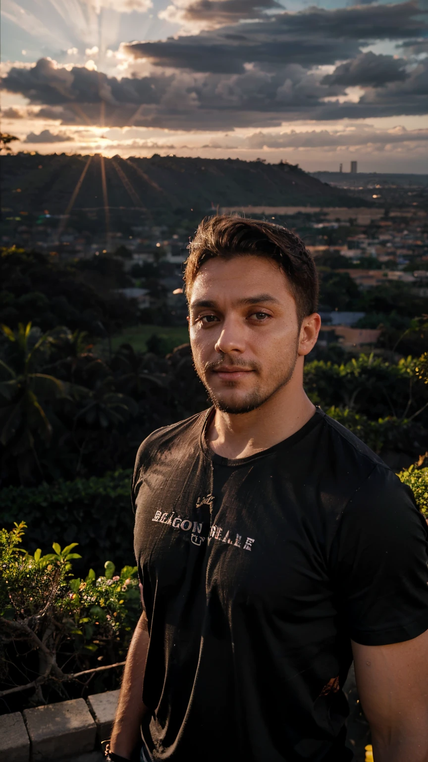 Foto de um homem de 26 anos com barba bem feita, (usando uma blusa branca), with a serious look and a smile at the camera, with background details like blue sky and sunset, e objetos em primeiro plano destacados como obra-prima, Fotorealista. Image is of better quality, has color correction, detalhes da pele aprimorados, Ela&#39;Ela&#39;Ela&#39;Ela&#39;Ela&#39;Ela&#39;Ela&#39;Ela&#39;ela&#39;s intrincado, in 8k resolution, com HDR, cinematic lighting and sharp focus, while your hair is messy from the wind and your goatee is trimmed