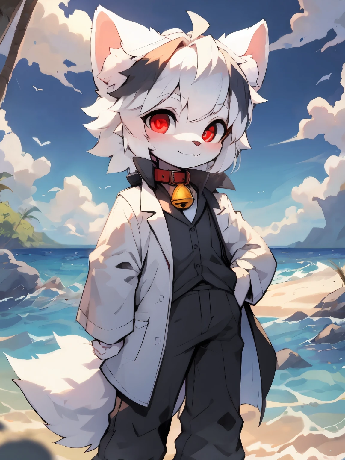 （16 years old boy）Beautiful and detailed portrait，white color hair, 16k，are standing,face to the viewer，Red pupils，white wolf big ears，White Wolf Tail（White color blouse，black long pants，Black lab coat），（There is a red collar，There is a yellow bell on it）Full body lesbian，beach seaside background，ssmile