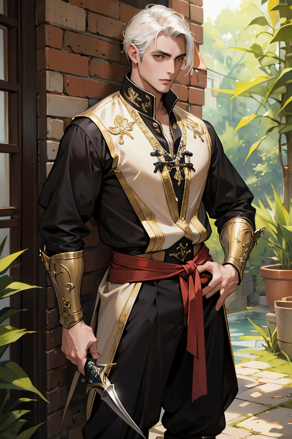 homem, cavaleiro errante, medieval blouse and pants, espada, jardim, cabelo preto, barba