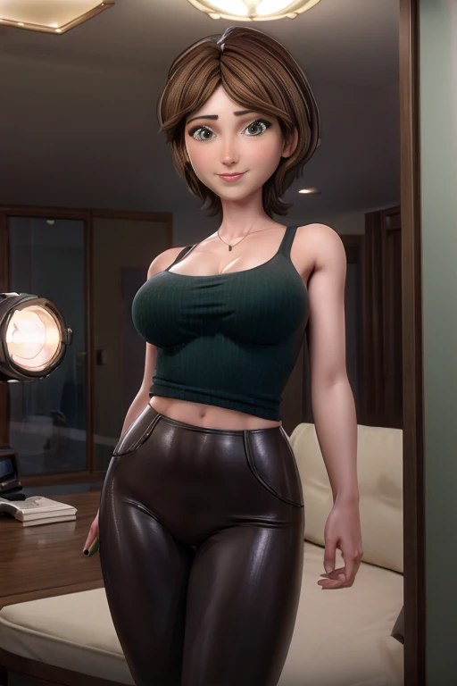 realistic, (Cinematographer_realista:1.9), (1girl), Aunt Cass, brown hair, green eyes, sensual gaze, beautiful smile, coming to the camera, Aunt Cass a 40-year-old woman with Caucasian skin, medium female body and breasts medium sized, Wearing green tank-top and shiny leggings. She is standing in a stylish room with beautiful furnishings..., sharp focus, 8k, intricate detail, Aunt Cass