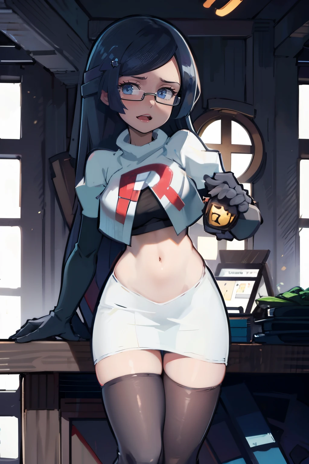 fennel_pk, glasses, team rocket,team rocket uniform, red letter R, white skirt,white crop top,black thigh-highs,black elbow gloves, sinister villianess look,