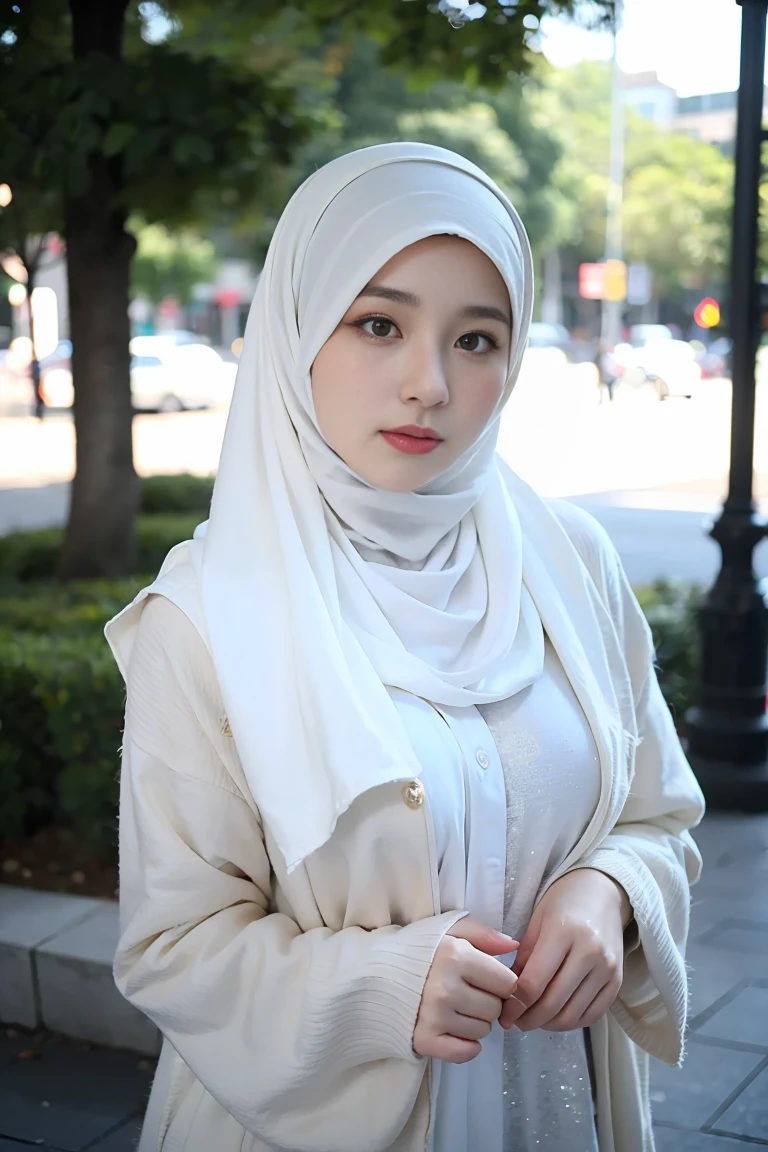 (Best quality, masterpiece) ,(nikon RAW photo, 8 k, Fujifilm) , 1girl, mature female, (hijab, white hijab:1.2) , casual outfit, medium breast, professional lighting, dramatic lighting, medium close shot, (serious expression), emotionless, looking to viewer, outdoor, depth of field,