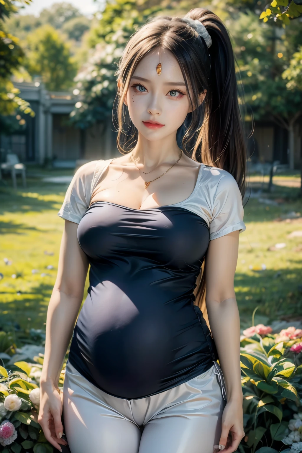 realistic, 1 pregnant woman, holding her belly, best quality, short sleeves, shorts, 12k, HD, long hair, big round breasts, cleavage, ponytail, necklace, jewelry, hair tie, yellow eyes, black hair, super detail, Eye detail, hair detail, person detail, mouth detail, face detail, breast detail, clothes detail, hair detail, pants detail, hand detail, whole body