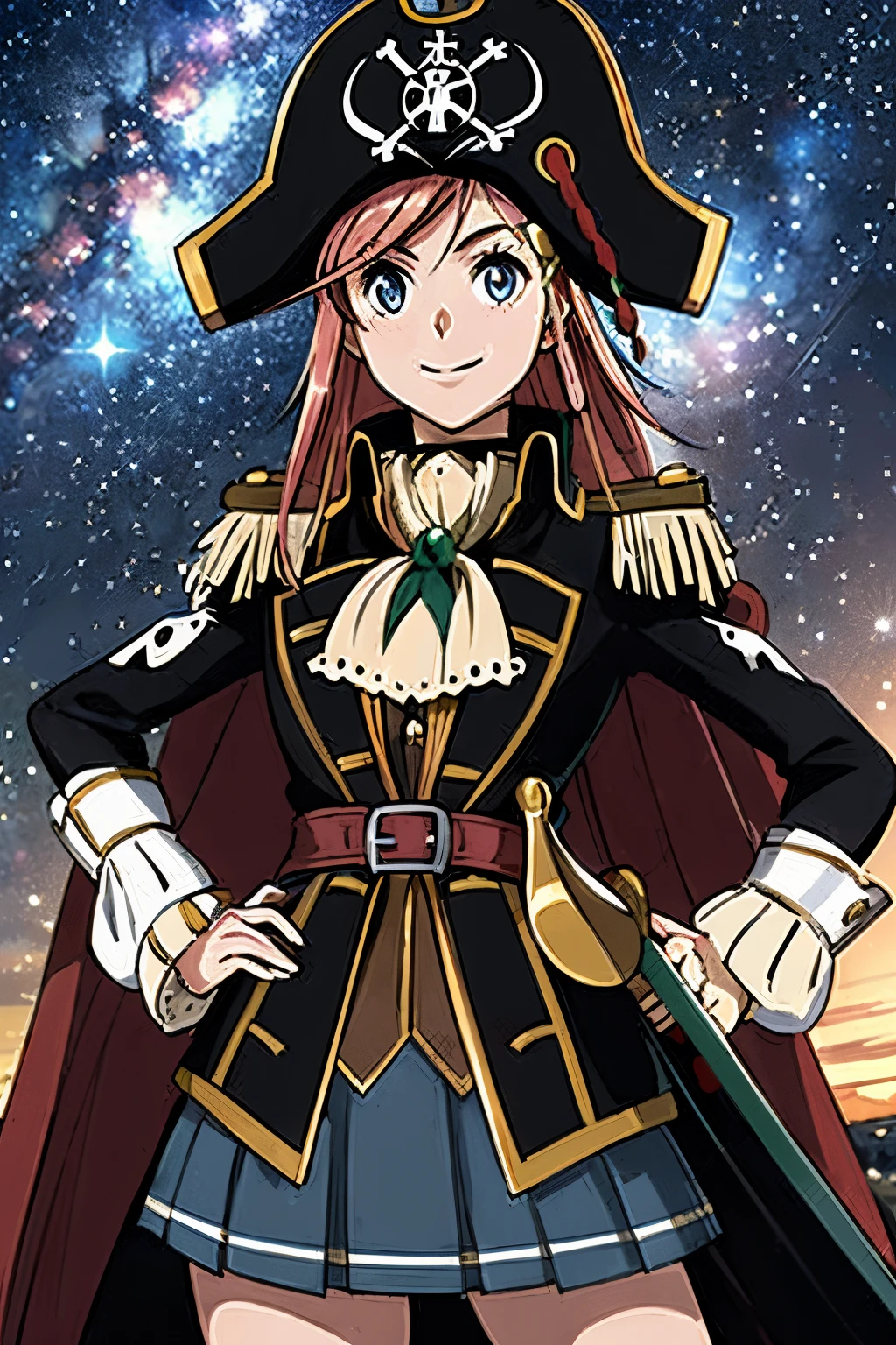 masterpiece, best quality, 1girl, detailed face and eyes, upper body, smile, hand on hips, katou marika, pirate costume, pirate hat, skirt, 
space, starry sky, pirate chest, sword, gold couns