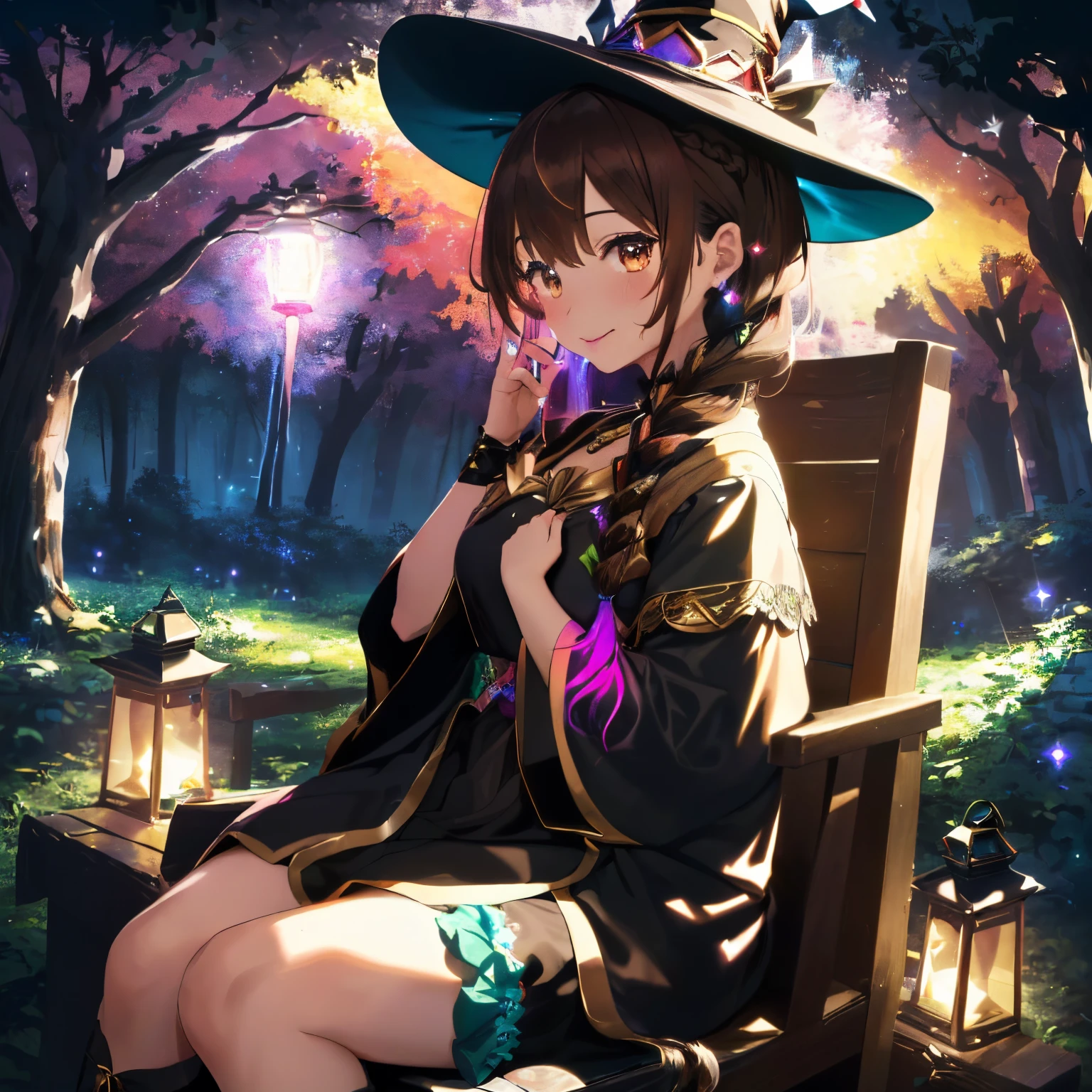 ((Black Night Forest)),(Colorful glowing lanterns),fluffy hair,((brown haired)),((Braided shorthair)),Slightly red tide,((Brown eyes)),(Sparkling colorful illuminations),(A house with a mysterious shape々In the woods lined with),((Fluffy and voluminous idol-style costumes)),((gorgeous wizard hat)),((the witch)),(magic wand with a jewel on the tip),smile and show your tongue,((i'i'I'm sitting in a weird shaped chair staring at it.)),(close up of face),Kamimei,((side view)),