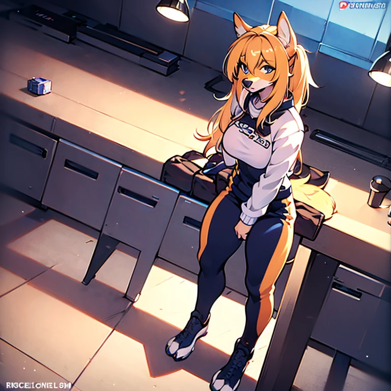 Sole female, dog girl, ice hockey gear, ice hockey uniform, blonde hair, blue eyes, locker room, hockey pants, (high quality), (one character), (solo focus)