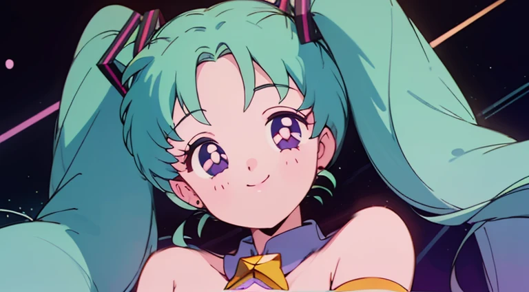 (1girl),(Pop style,flat colors,star pattern,pastel,shiny eyes,Smile,Cosmic atmosphere,colored lineart,outline,simple,Night background, macro shot,pastel night aesthetic),((Masterpiece)), hatsune miku