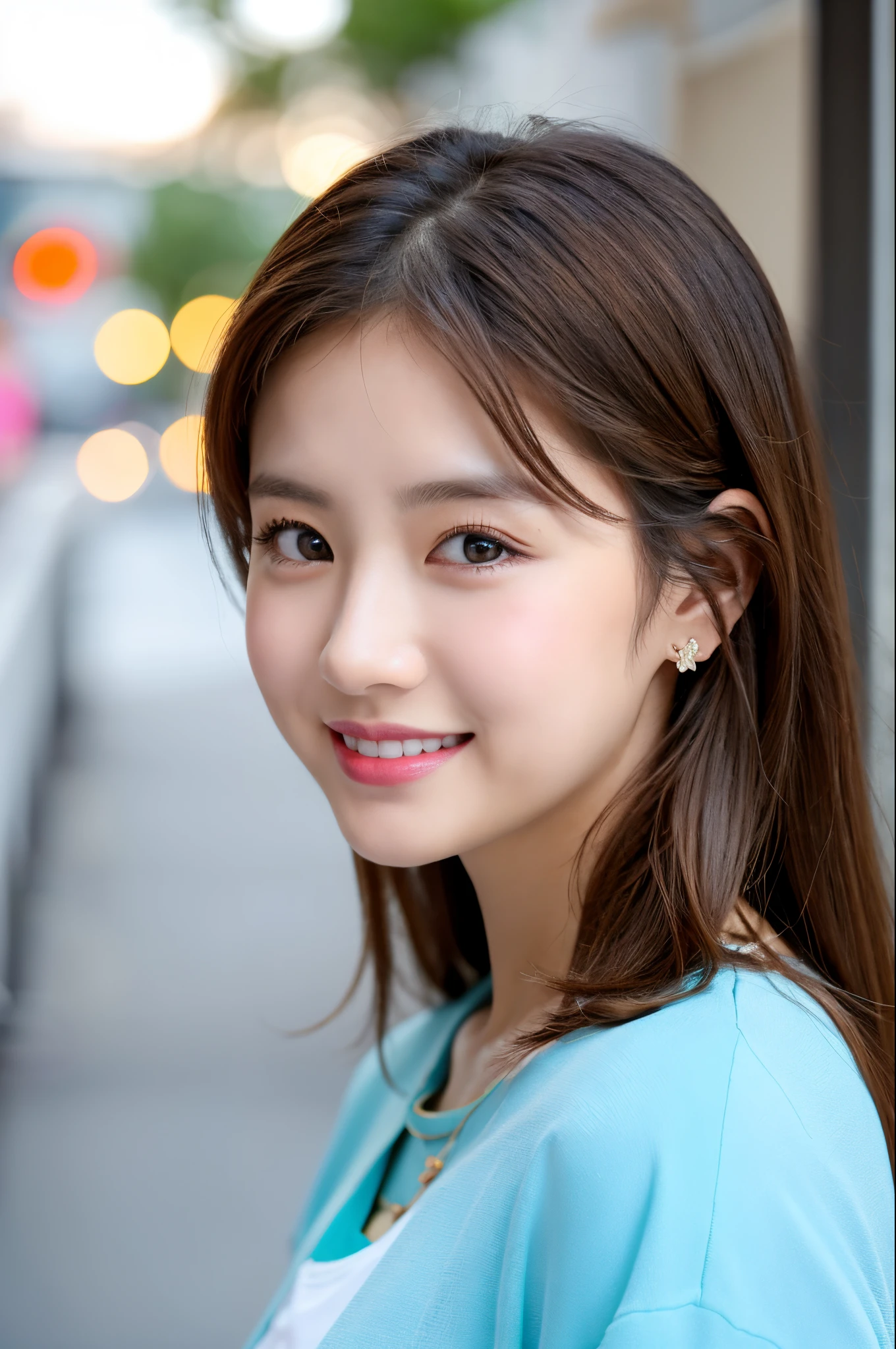 A close up of a woman with long hair and a blue shirt - SeaArt AI