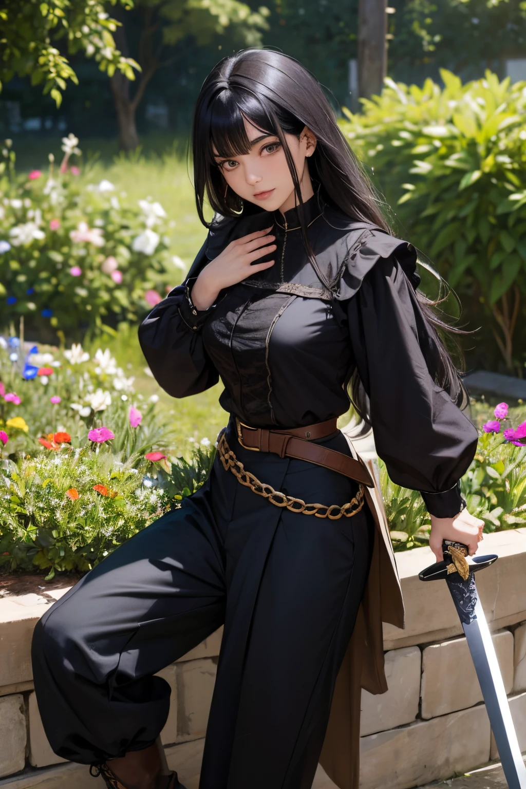 cavaleiro errante, black hair, black beard, medieval style blouse and pants, long sword, garden