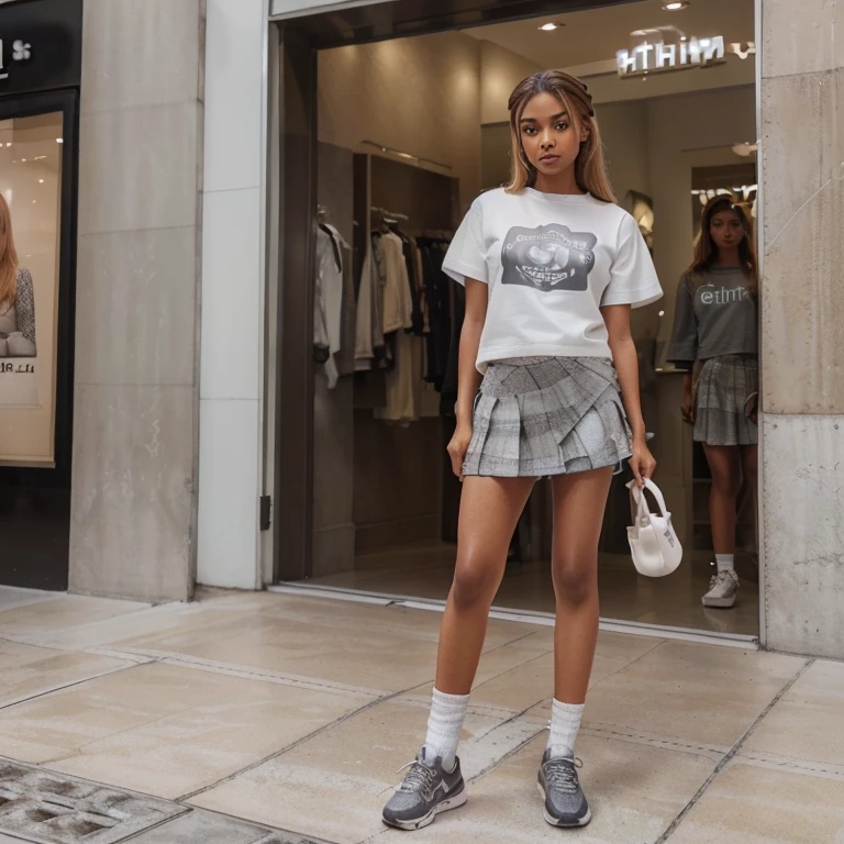 ((One image )) of a solo attractive brown girl, ((realistic, photorealistic)), brown skin, 8k uhd, a masterpiece((trendy baddie girl solo standing alone in a mall ) ), beautiful face ((( brown girl with ash blonde hair))), ((half smile)),detailed face, ((brown eyes)), ((detailed brown skin and blonde hair)), petite body (( dressed in grey over sized tee with graphics and grey plaid mini skirt ), (((over-detailed clothing)))grey over sized top with graphics (((realistic textures))),((clear details))((hyper-realistic)) ((white socks and white sneakers))