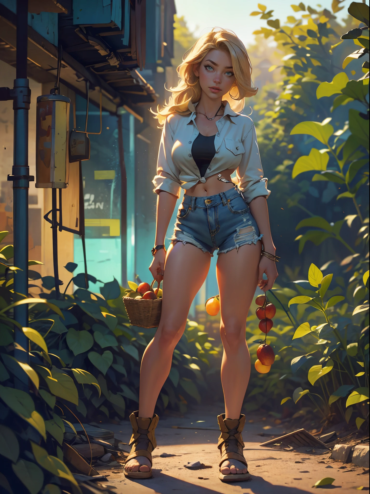 2076 year. The Urban Ruins of the Wasteland, Female huntress picking fruit in the garden, beautiful face, blonde, badly torn shirt and denim shorts , long legs, sweating through, sun rising, Nice warm colors, head to toe, full body shot, pretty hands, perfect fingers,