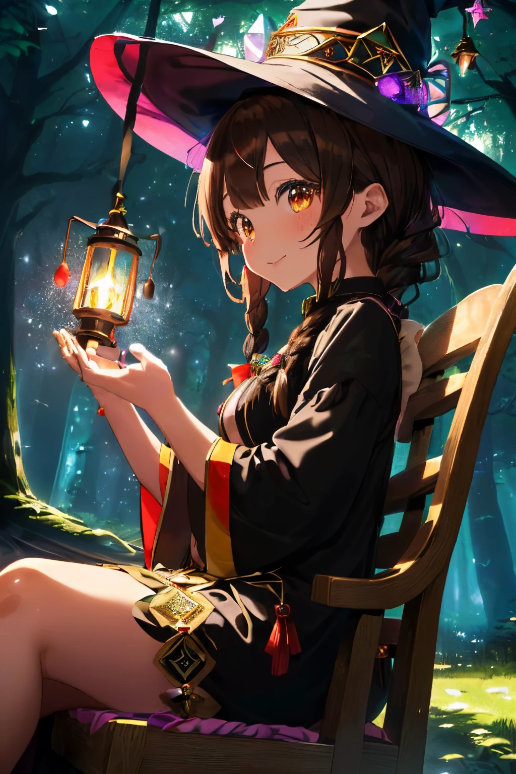 ((Black Night Forest)),(colorful glowing lantern),fluffy hair,((brown haired)),((Braided shorthair)),Slightly red tide,((Brown eyes)),(Sparkling colorful illuminations),(A house with a strange shape々In the woods lined with),((Idol style costume with fluffy volume)),((gorgeous wizard hat)),((the witch)),(magic wand with a jewel on the tip),smile and show your tongue,((i&#39;i&#39;i&#39;I&#39;m sitting in a weird shaped chair staring at it.)),(close up of face),Kamimei,((Side view)),