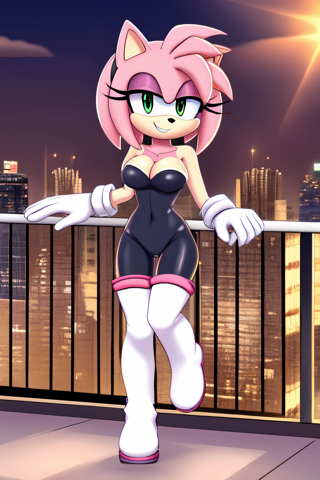 Amy Rose, 1 girl, solo, smile, green eyes, sky, outdoors, cloud, pink hair, sunset, bare shoulders, animal nose, black rubber bodysuit, medium size pink heart on bodysuit chest, cleavage, white gloves, white knee-high boots, city background, balcony, standing.