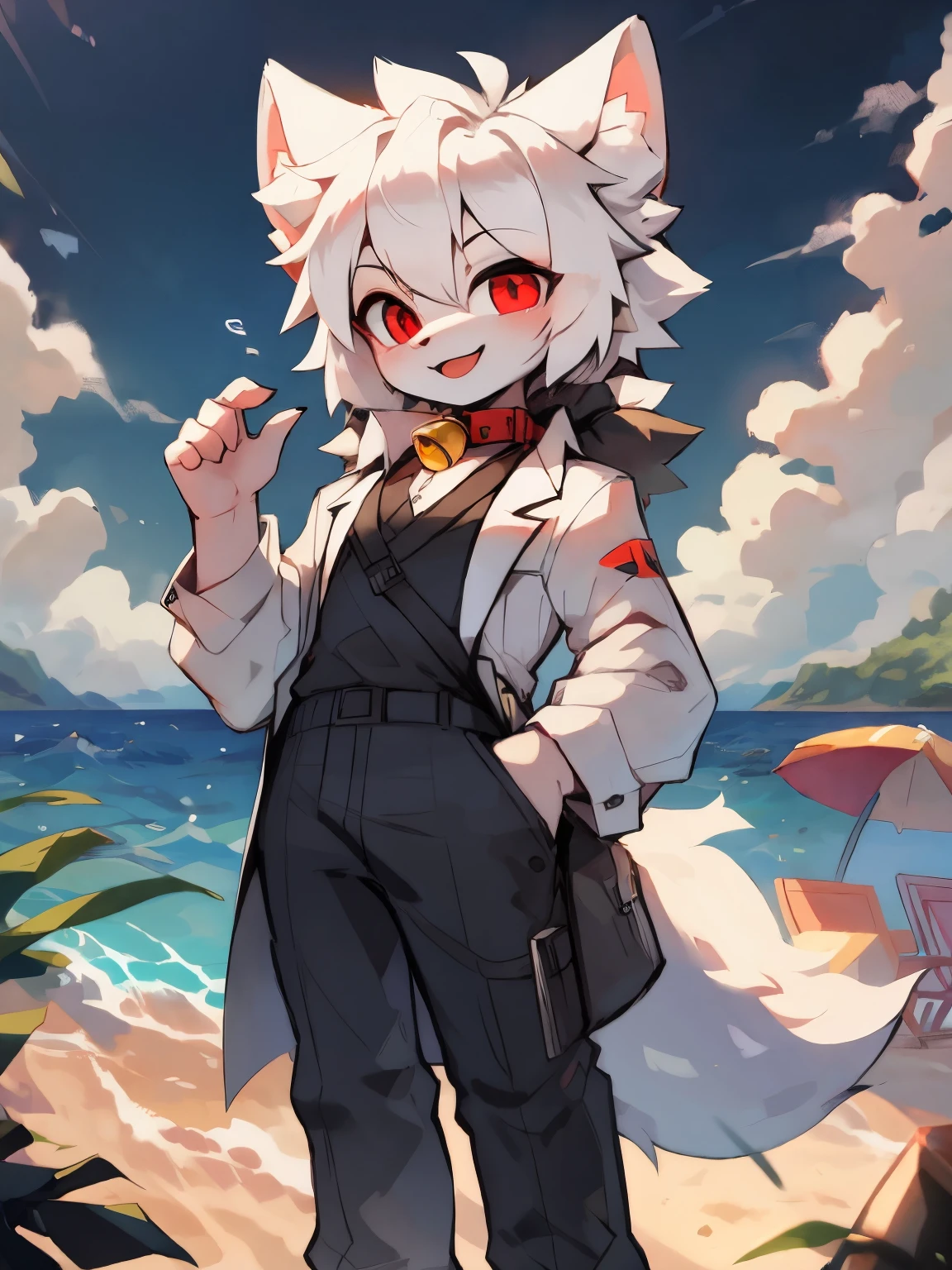 （ boy）Beautiful and detailed portrait，white color hair, 16k，are standing,face to the viewer，Red pupils，white wolf big ears，White Wolf Tail（White color blouse，black long pants，Black lab coat），（There is a red collar，There is a yellow bell on it）Full body lesbian，beach seaside background，ssmile