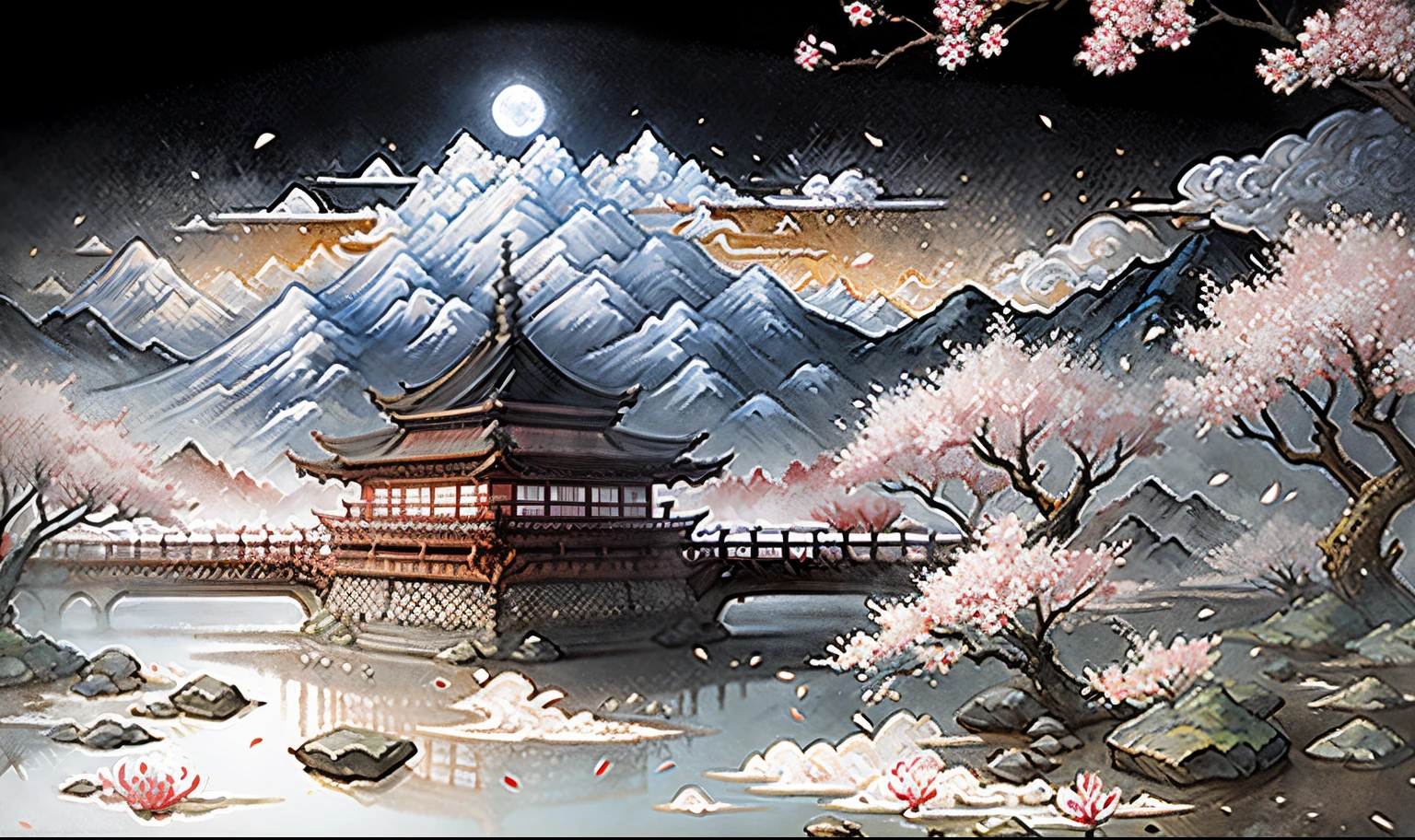 ancient Japan landscape, mountain, river, cherry blossom, auspicious clouds, magnificent structure, moonlight, white background, masterpiece, super detail, magnificent composition, ultra hd, high quality, highly detailed, official art, unified 8k wallpaper, super detail, 32k -- v 6