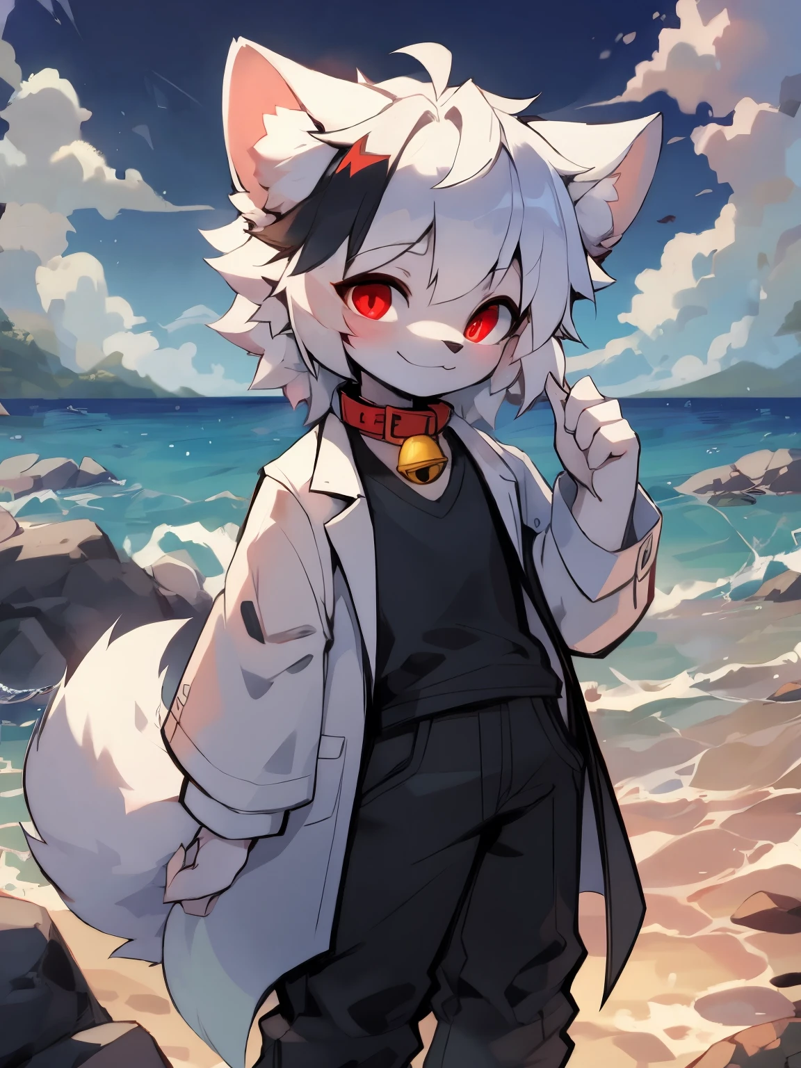 (16 years old boy)Beautiful and detailed portrait,white color hair, 16k,are standing,face to the viewer,Red pupils,white wolf big ears,White Wolf Tail(White color blouse,black long pants,Black lab coat),(There is a red collar,There is a yellow bell on it)Full body lesbian,beach seaside background,ssmile