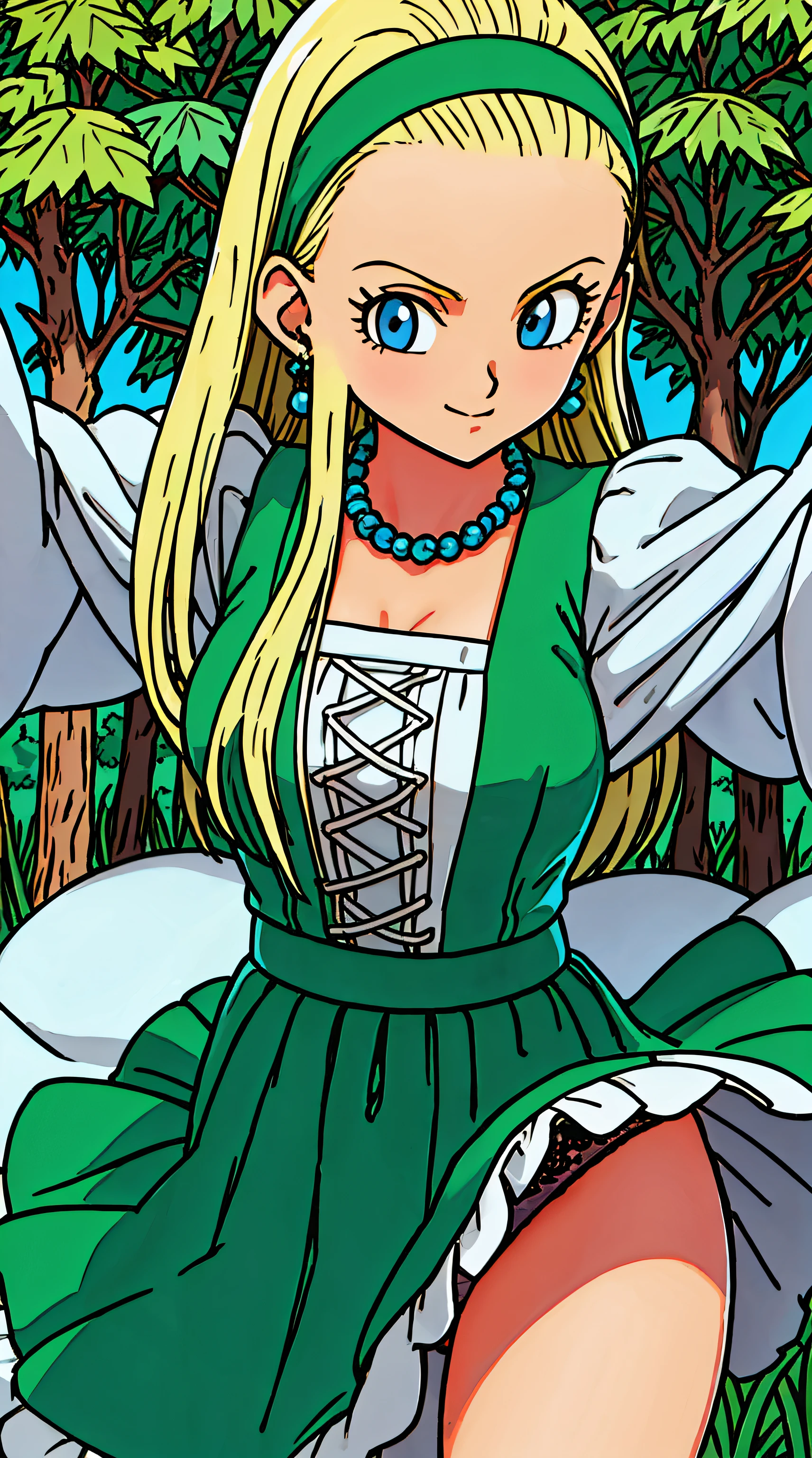 close-up,Lace,Panties,Skirt_lift, 鳥山明, Serena Doc, 1girl in, Blonde long hair, Hair pulled back, Blue eyes, bead, Necklace, earrings, Green Hair Band. Green and white costume, long  skirt, Super masterpiece, Highly detailed, Highest Quality, One girl&#39;s art full color anime, looking at the viewers, Innocent, forest and grassland:1.5, Laugh, Portrait, Looking at Viewer, Spread Leg, itting open legs,