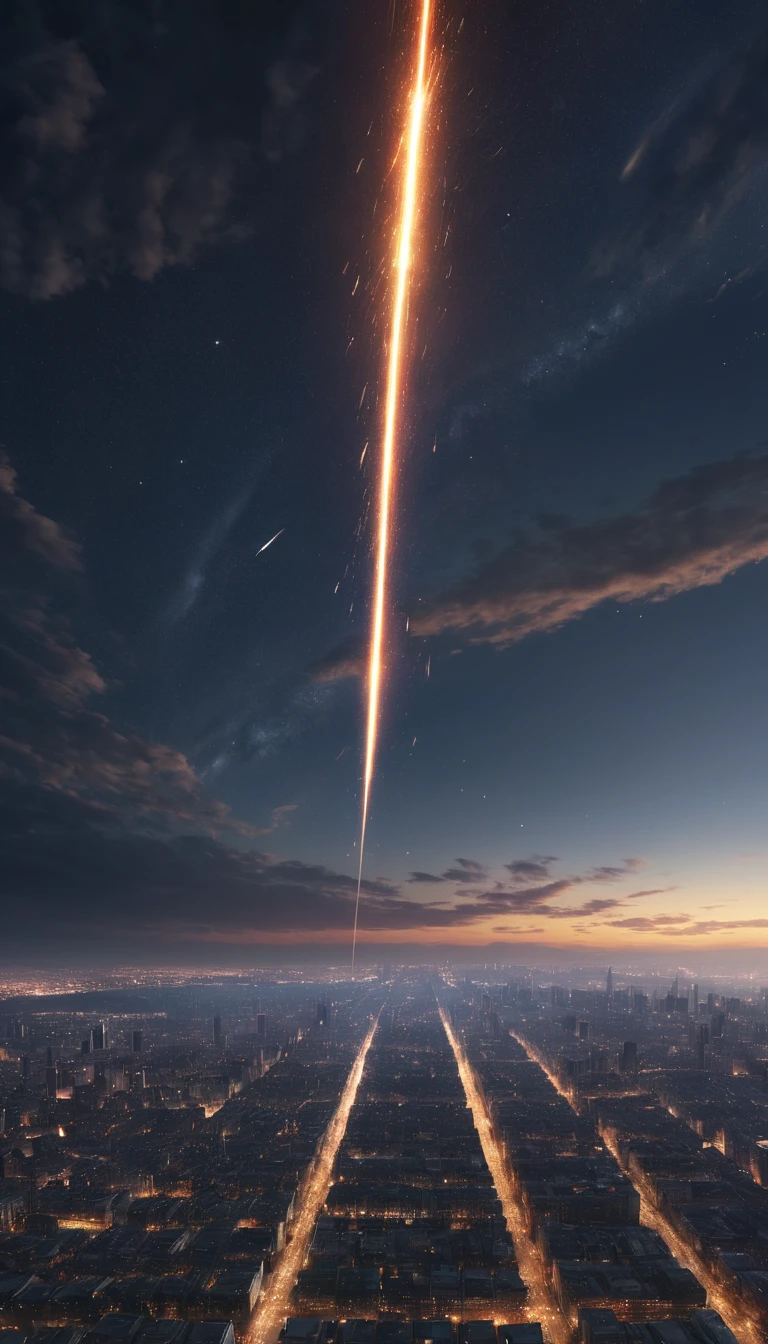 Complex cinematic meteor over the city, masutepiece, Best Quality