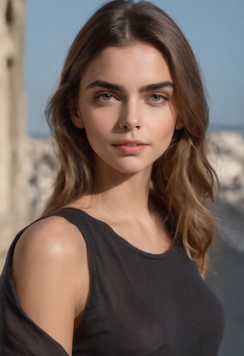 (Obra maestra:1.4), (8k, fotorrealista, Foto RAW, La mejor calidad: 1.4), Chica de Alemania, (1girl), Cara hermosa, (Cara realista:1.4), (cabello negro, Cabello largo:1.3), hermoso peinado, cola de caballo contorsionada, ojos realistas, hermosos ojos detallados, (Piel realista:1.3), Piel hermosa, atractivo, ultra-high-resolution, ultra realista, Altamente detallado, golden ratio, (Cara detallada:1.4), Mirando al espectador, Camisa blanca hecha jirones, Senos medianos realistas, En pie, Mano en la cadera, Camisa transparente, (braless:1.4), alegre_, Vaqueros azules cortos, shorts, Calle de la ciudad, Linda sonrisa, labios rojos, bikini, playa, hermoso cuerpo,