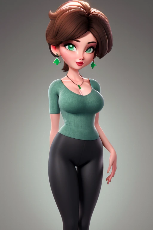 aunt cass, 1girl,green eyes, green_crop-top, black_leggings, breasts, cleavage, earrings, gradient, gradient_background, grey_background, jewelry, lips, lipstick, looking_at_viewer, makeup, medium_breasts, red_lips, short_hair, solo, brown_hair