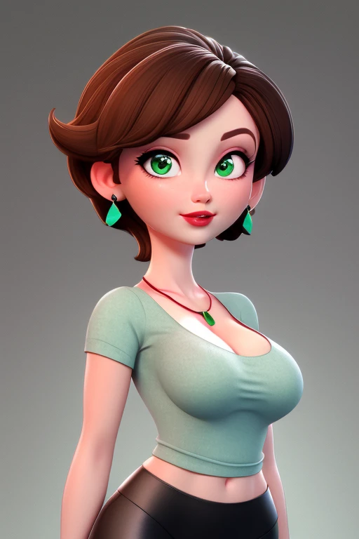 aunt cass, 1girl,green eyes, green_crop-top, black_leggings, breasts, cleavage, earrings, gradient, gradient_background, grey_background, jewelry, lips, lipstick, looking_at_viewer, makeup, medium_breasts, red_lips, short_hair, solo, brown_hair