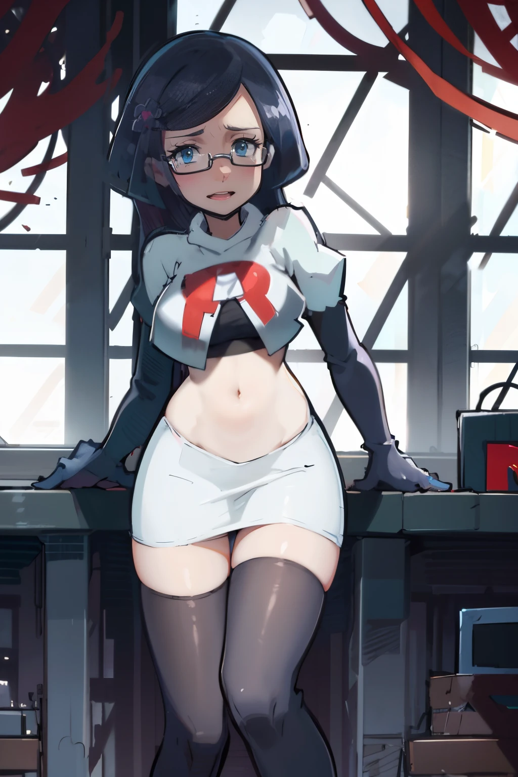 fennel_pk, glasses, team rocket,team rocket uniform, red letter R, white skirt,white crop top,black thigh-highs,black elbow gloves, sinister villianess look,