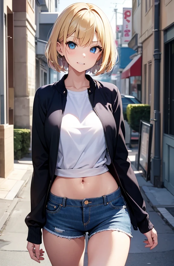 2D Anime Style、Blue eyes、Beautiful shining eyes,  (Talented lo-fi:1.3),breasts are slightly larger、high and beautiful nose,Beautiful face with slender contours,A cool adult woman with short blonde hair and a sharp expression....................、Biting your lip,teeth are slightly visible,Fashion that shows off your stomach, he is wearing a shirt and shorts。。。。。。..,walking down the streets of america,