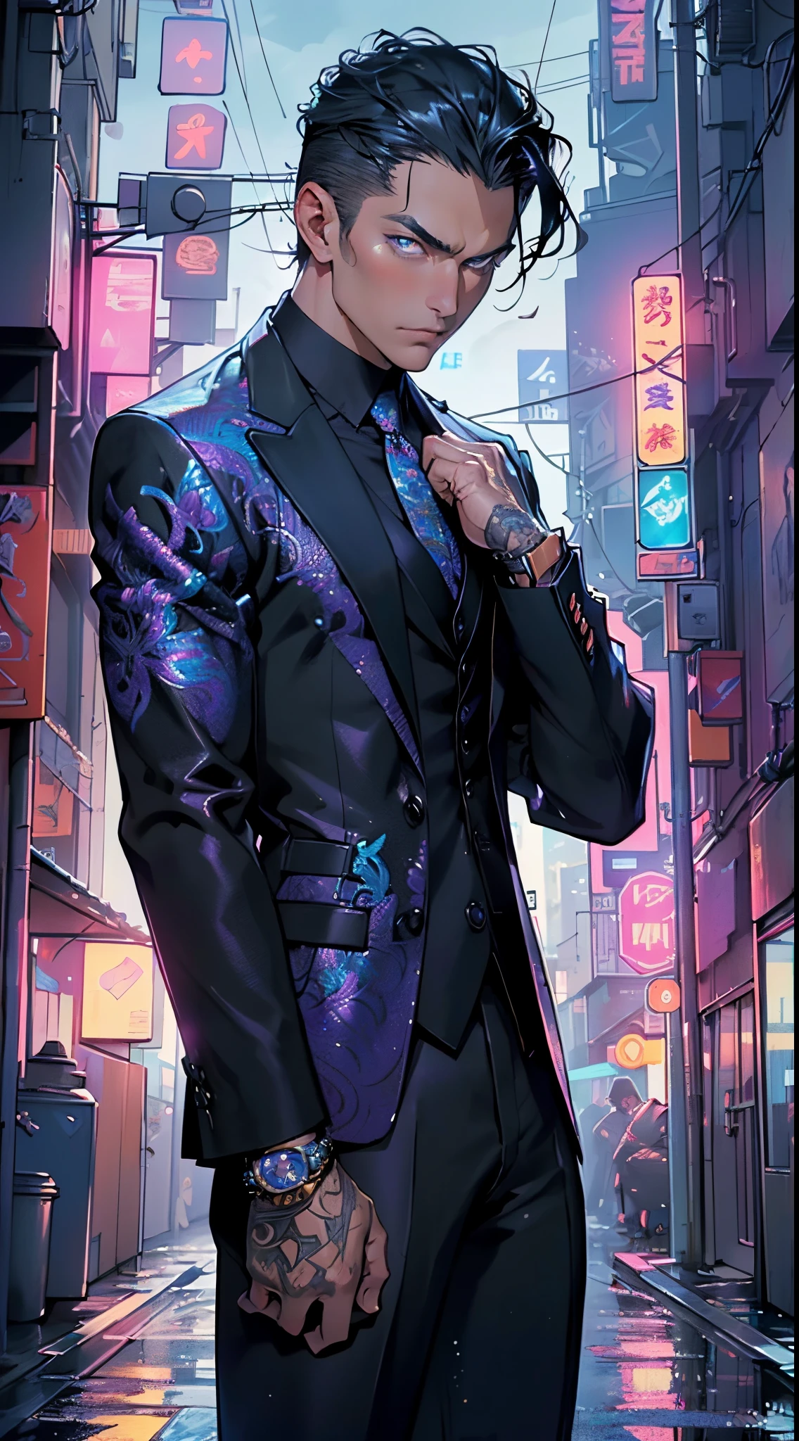 man:1.5,1 man,businessman man,(((1man))),((man with black short hair)),
(((1male,man:1.5,handsome man,male,male gender:1.5,male focus))),macho man,attractive villain,evil villain,
((slicked back hair, slicked back hair,black short haircut,)),(((lustrous skin:1.5,tanned skin,bright skin: 1.5,skin tanned,shiny skin,very shiny skin,shiny body,illuminated skin))),(((blue_eyes:1.2))),intricate eyes,beautiful detailed eyes,symmetrical eyes,((man chest)),handsome face,((muscular)),male jaw,(((detailed face))),
manly,nsfw,
cyberpunk businessman, ((Business suit:1.5)), futuristic businessman,((bulge in pants)),((dark purple and black suit:1.2)),(elegant suit),((wet clothes,intricate outfit,intricate clothes,intricate suit,ornate outfit,ornate clothes,ornate suit,embroidered outfit,embroidered clothes,embroidered suit,dragon embroidery)),
(dynamic pose:1.0),solo focus,((smug)),(centered,scale to fit dimensions,Rule of thirds),
cyberpunk city by the ocean at night, with bright neon signs and dark stormy clouds and puddles, scenery:1.25,nighttime, starry night, cosmos,Very dark night that makes the neon lights stand out, very bright neon lights,nighttime, starry night, cosmos,
highres, sharp focus, (ultra detailed, extremely detailed), (photorealistic artwork:1.37),(extremely detailed CG unity 8k wallpaper),((synthwave background theme)),(((vibrant colors))),(intricate background),(masterpiece),(best quality),