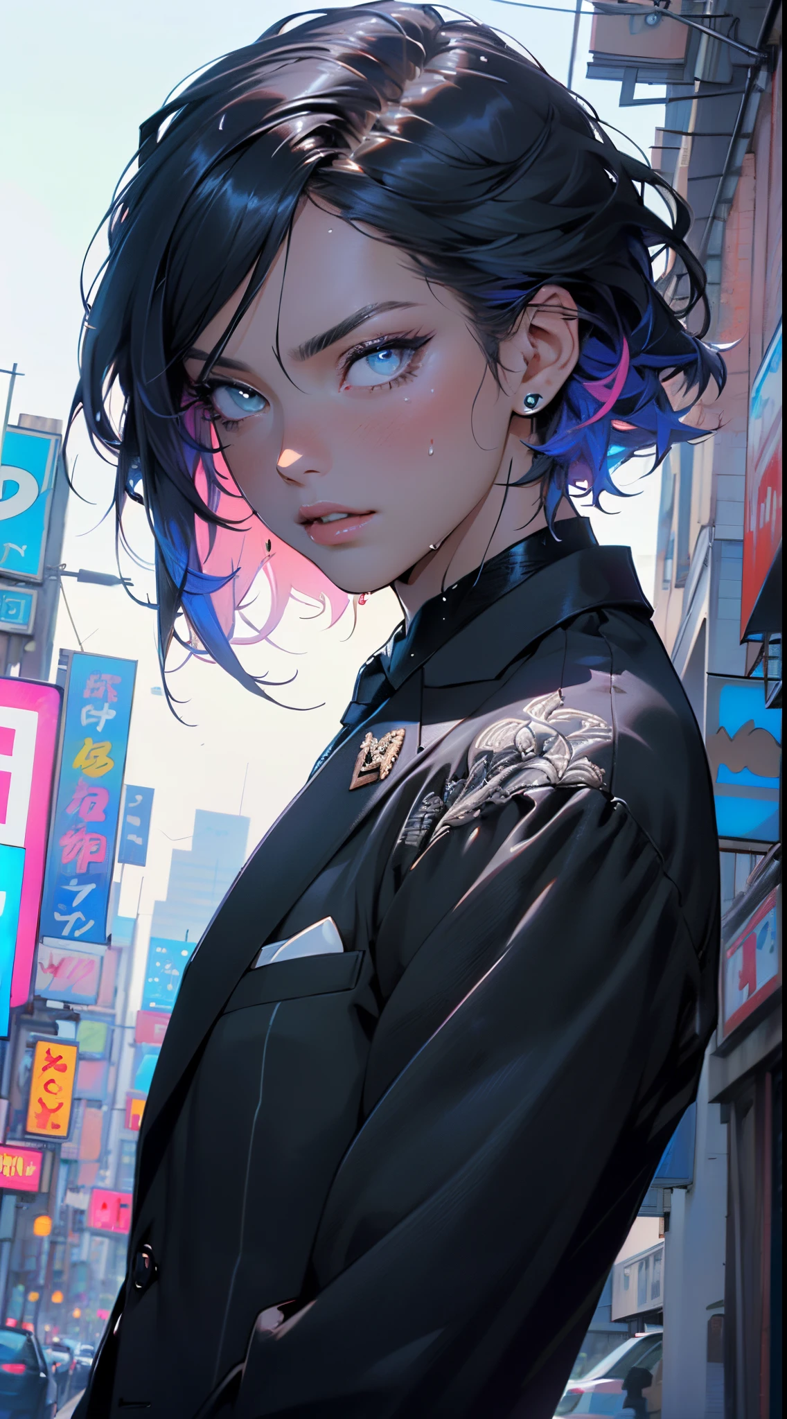 man:1.5,1 man,businessman man,(((1man))),((man with black short hair)),
(((1male,man:1.5,handsome man,male,male gender:1.5,male focus))),macho man,attractive villain,evil villain,
((slicked back hair, slicked back hair,black short haircut,)),(((lustrous skin:1.5,tanned skin,bright skin: 1.5,skin tanned,shiny skin,very shiny skin,shiny body,illuminated skin))),(((blue_eyes:1.2))),intricate eyes,beautiful detailed eyes,symmetrical eyes,((man chest)),handsome face,((muscular)),male jaw,(((detailed face))),
manly,nsfw,
cyberpunk businessman, ((Business suit:1.5)), futuristic businessman,((bulge in pants)),((dark purple and black suit:1.2)),(elegant suit),((wet clothes,intricate outfit,intricate clothes,intricate suit,ornate outfit,ornate clothes,ornate suit,embroidered outfit,embroidered clothes,embroidered suit,dragon embroidery)),
(dynamic pose:1.0),solo focus,((smug)),(centered,scale to fit dimensions,Rule of thirds),
cyberpunk city by the ocean at night, with bright neon signs and dark stormy clouds and puddles, scenery:1.25,nighttime, starry night, cosmos,Very dark night that makes the neon lights stand out, very bright neon lights,nighttime, starry night, cosmos,
highres, sharp focus, (ultra detailed, extremely detailed), (photorealistic artwork:1.37),(extremely detailed CG unity 8k wallpaper),((synthwave background theme)),(((vibrant colors))),(intricate background),(masterpiece),(best quality),