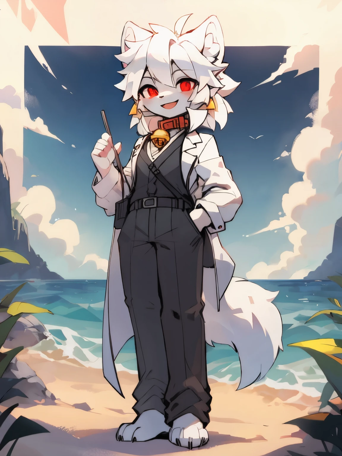 (16 years old boy)beautiful and detailed portrait of a,white color hair, 16k,are standing,face to the viewer,Red pupils,white wolf big ears,White Wolf Tail(White color blouse,black long pants,Black lab coat),(There is a red collar,There is a yellow bell on it)Full body lesbian,beach seaside background,ssmile