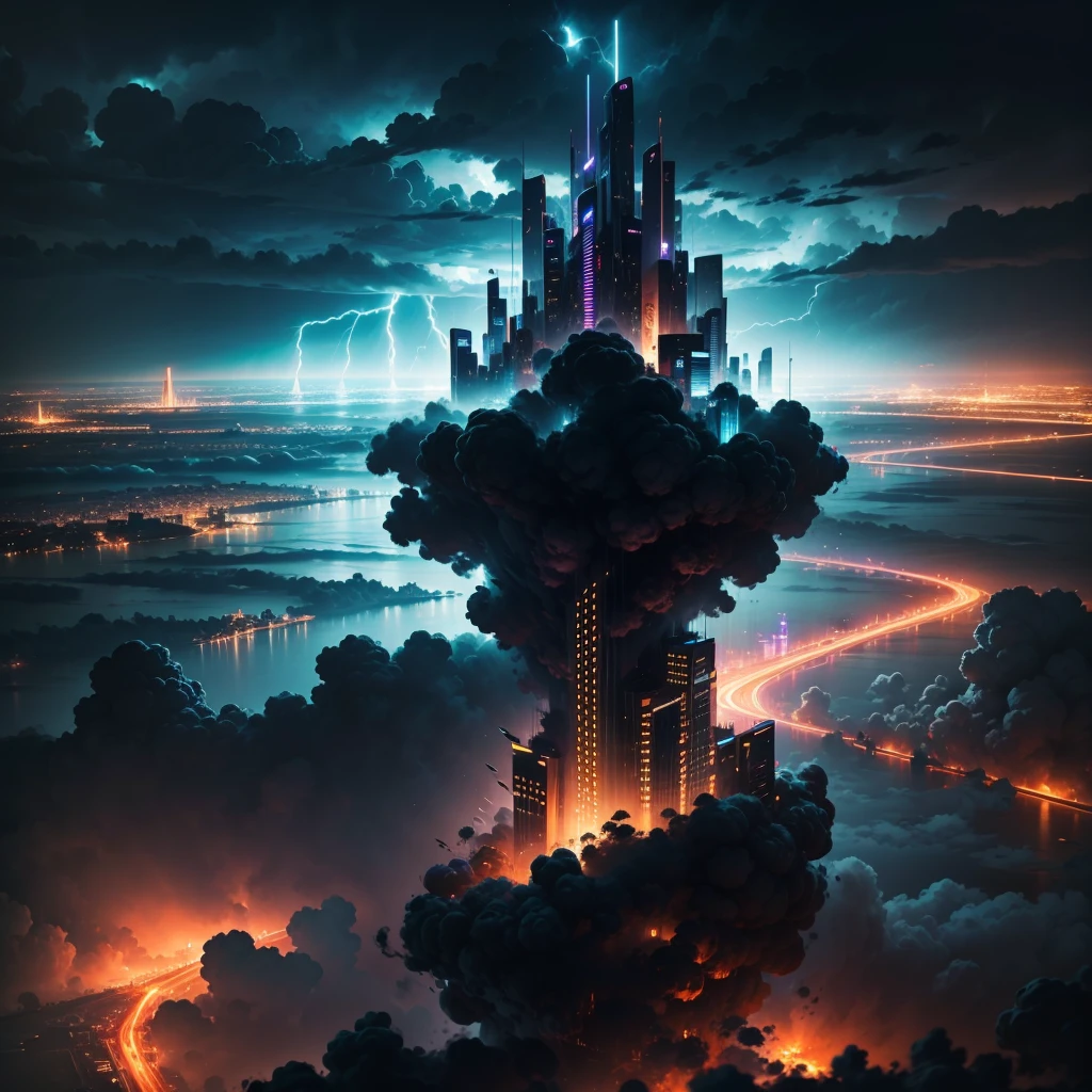 Gaint city in cloud at night, black clouds, raining, lightning, vividness, octave render, Cinematic lighting, otherworldly, highly detailed, best quality, 8 k wallpaper