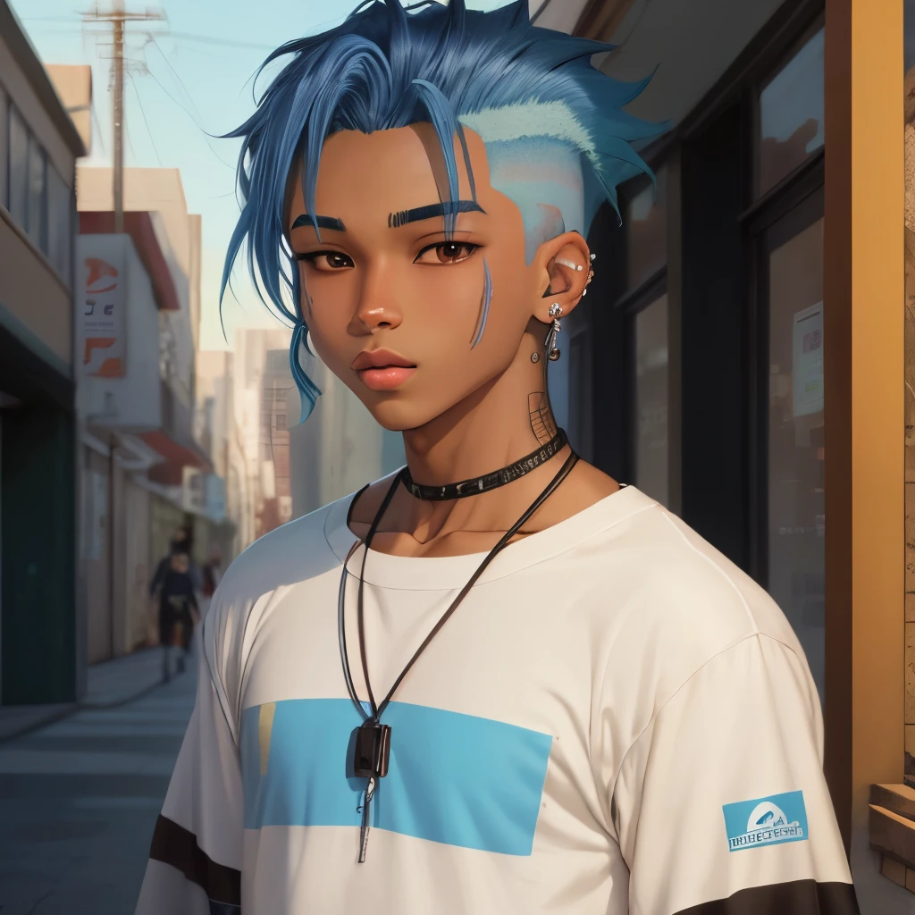 Brown skinned anime boy with techno blue hair and facial piercings